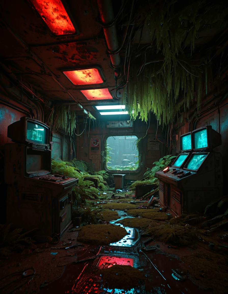 <lora:City_Worlds_02__Lost_-_Opera:1> cw02lost, cyberpunk, abandoned command room, messy, crackled, wet, vegetation, gold, dark, neons, windows,