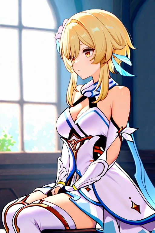 masterpiece, High quality, Ultra detailed, 2d, newest, absurdres, highres, BREAK
1girl, solo, <lora:lumine:0.8>, lumine_(genshin_impact), blonde hair, sidelocks, short hair with long locks, hair white flower, hair between eyes, yellow eyes, medium breasts, lumineDef, bare shoulders, white dress, cleavage, detached sleeves, black gloves, white footwear, boots, thigh boots,
sitting, cowboy shot,