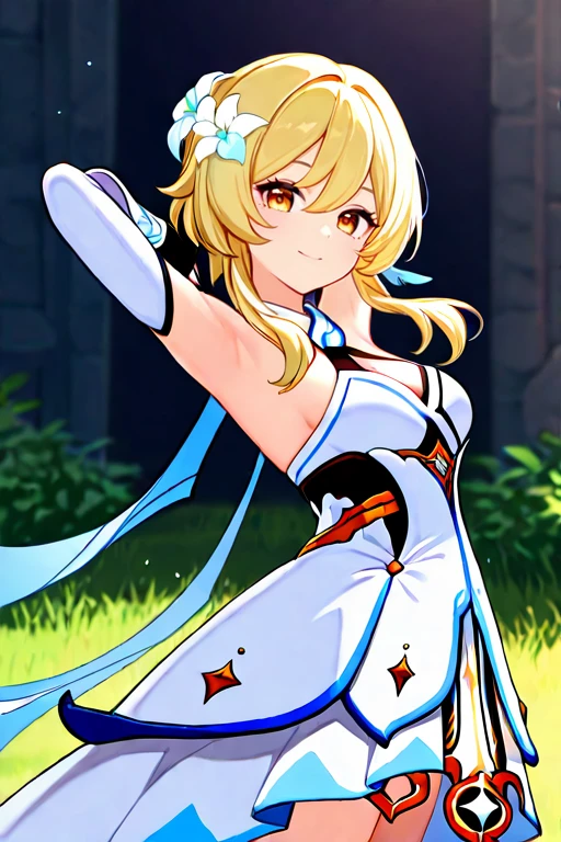 masterpiece, High quality, Ultra detailed, 2d, newest, absurdres, highres, BREAK
1girl, solo, <lora:lumine:0.8>, lumine_(genshin_impact), blonde hair, sidelocks, short hair with long locks, hair white flower, hair between eyes, yellow eyes, smile, medium breasts, lumineDef, bare shoulders, white dress, cleavage, detached sleeves, black gloves, white footwear, boots, thigh boots,
upper body, arms up, armpits, looking at viewer, cowboy shot,