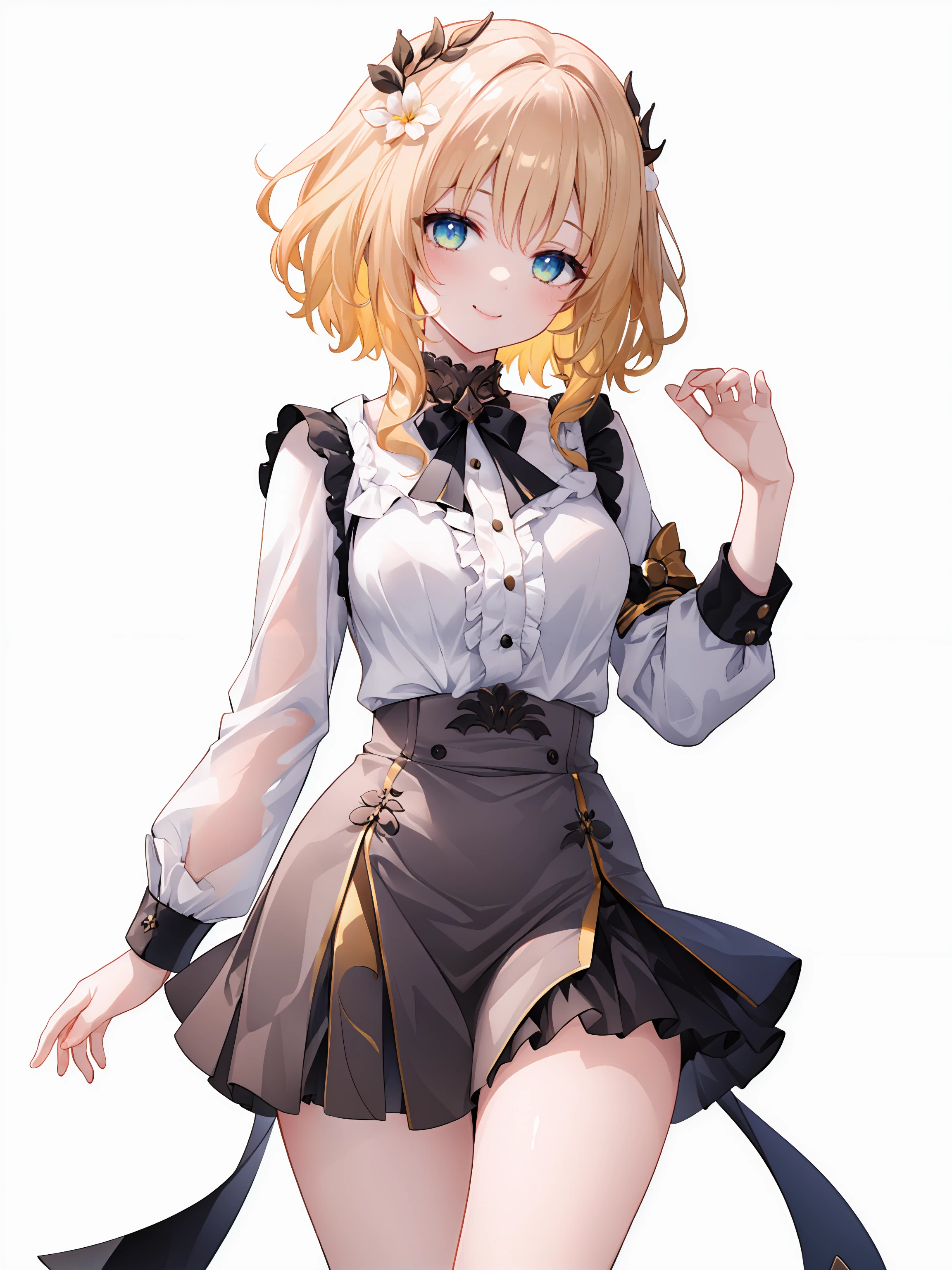 ((masterpiece,best quality)), 1girl, aglaea, black frilled shirt, black frilled skirt, long sleeves, bare legs, simple background, smile,