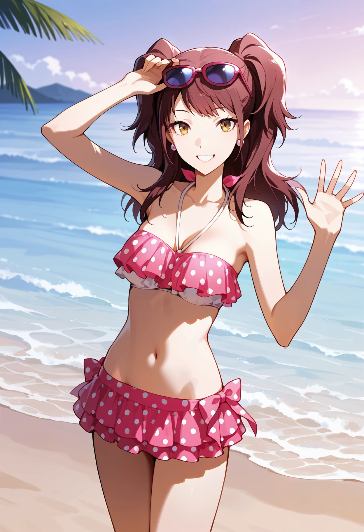 (masterwork, masterpiece, best quality, hyper-detailed),
1 girl, solo,
p4rise, kujikawa rise, long hair, brown hair, earrings
p4rise-swim2, halter bandeau bikini, bikini skirt, pink bikini, polka dot bikini, frilled bikini, eyewear on head, sunglasses, navel,
outdoors, ocean, beach, sand, palm trees, looking at viewer, smile, happy, teeth, standing, waving, hand over head,