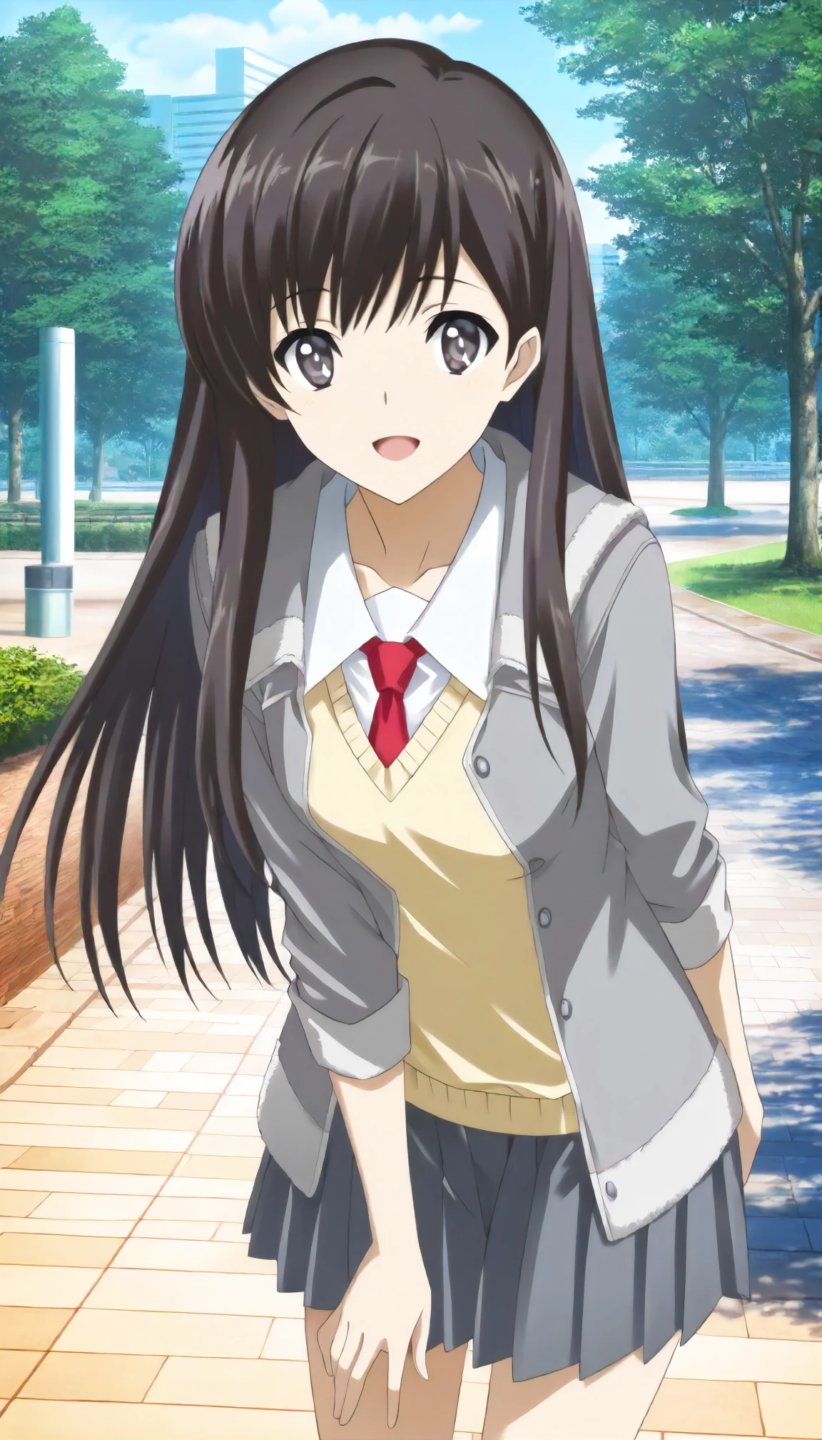 <lora:WA_morikawa_yukiXLIllustrious001>,
masterpiece,best quality,good quality,newest,
outdoors,day,
smile,open mouth,
looking at viewer,
solo,
anime coloring,
morikawa_yuki\(white_album\),1girl,black brown hair,long hair,black brown eyes,
grey jacket,red tie,yellow sweater vest,
gray skirt,pleated_skirt,