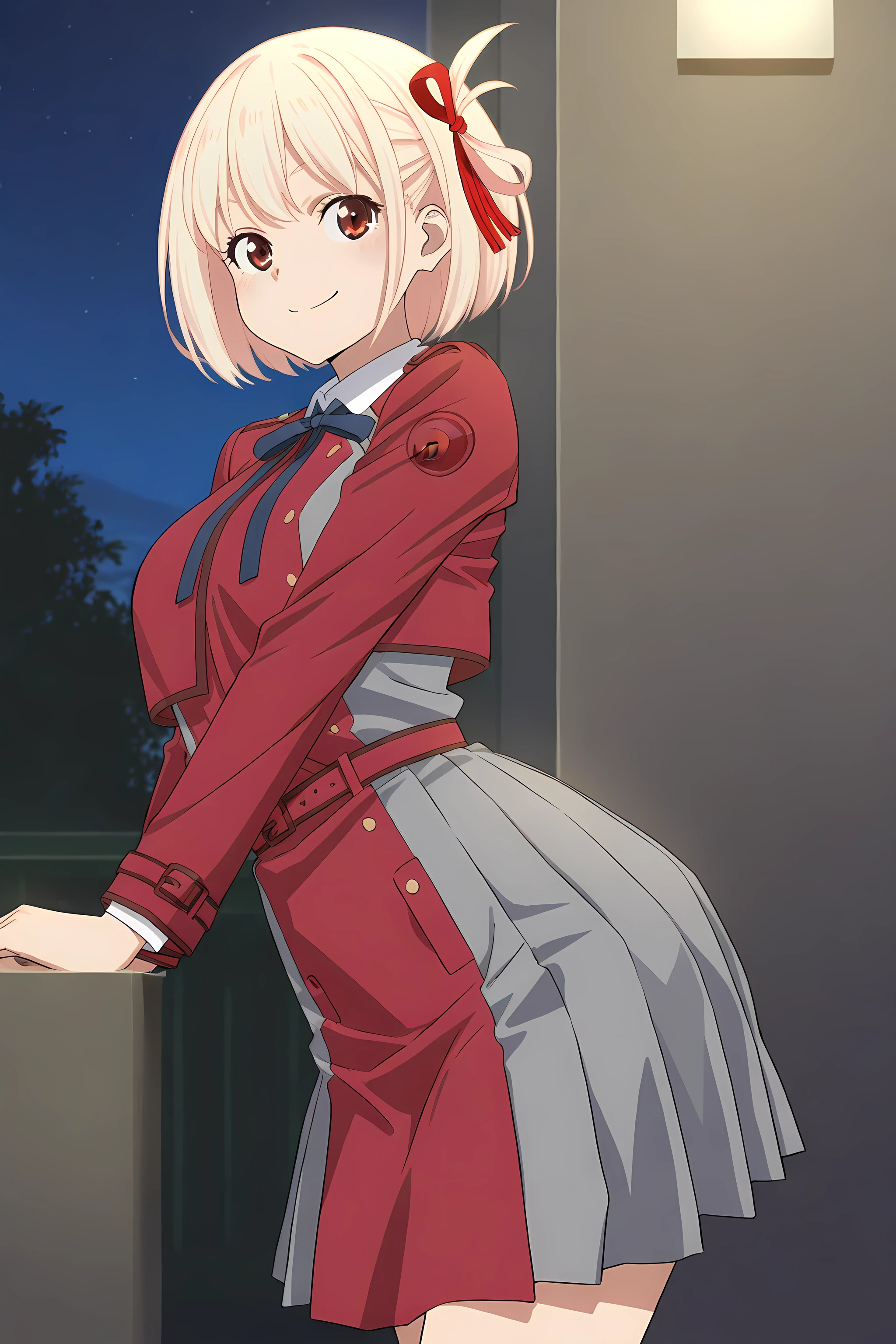 chisato-nishikigi(aniver), baseoutfit, 1girl, lycoris uniform, solo, blonde hair, red eyes, ribbon, two-tone dress, red ribbon, dress, grey dress, short hair, pleated dress, hair ribbon, red belt, red dress, bangs, smile, cowboy shot, indoor, night, <lora:ChisatoNishikigi-LycorisRecoil-ILXL:1>, (masterpiece),(best quality),(ultra-detailed),(best illustration),(best shadow),(absurdres),(detailed background),(very aesthetic),