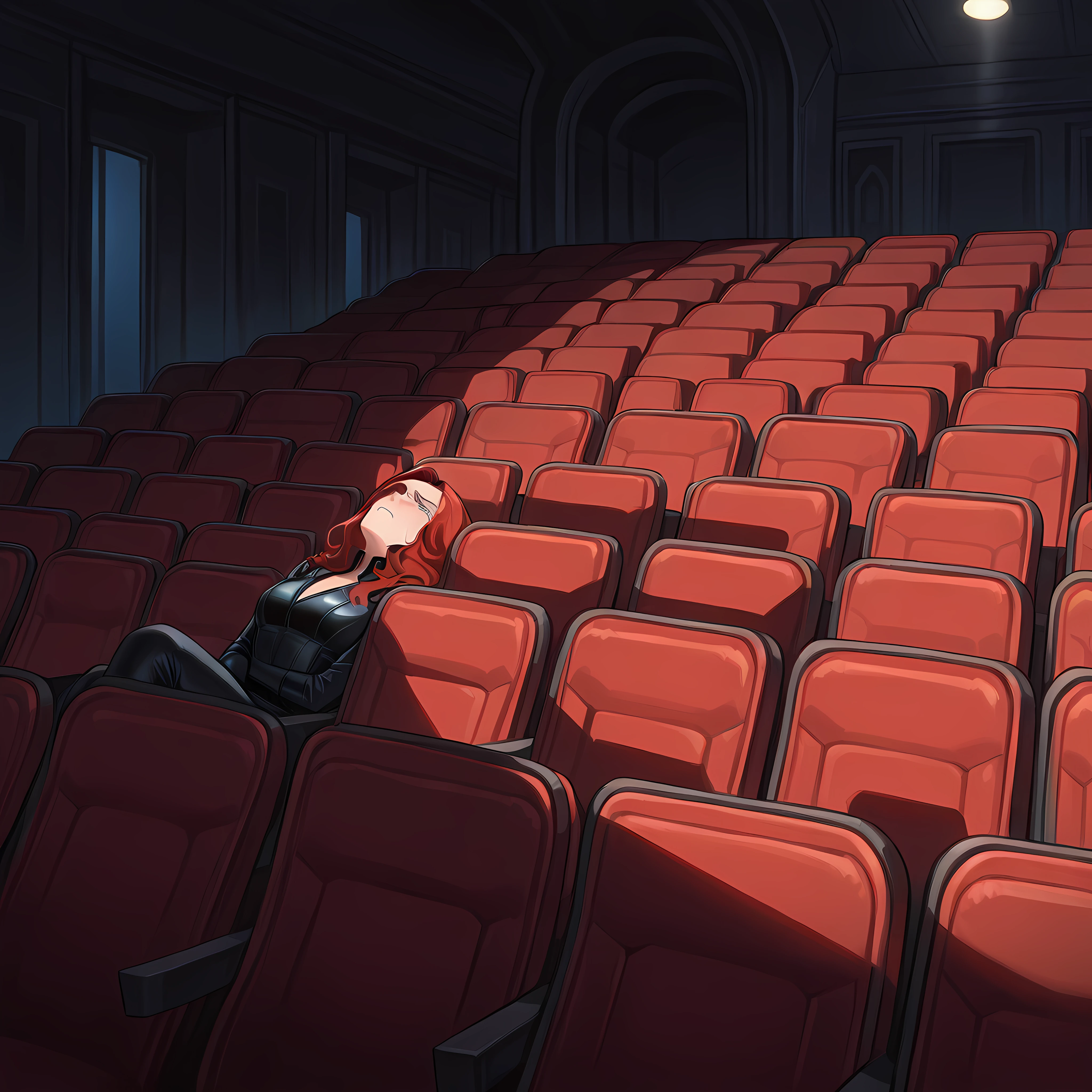 Masterpiece, newest, perfect quality, best quality, 1girl, solo, movi3theater, sitting, tears, red seats, dark room, shadows, marvel, Black Widow, natasha romanoff