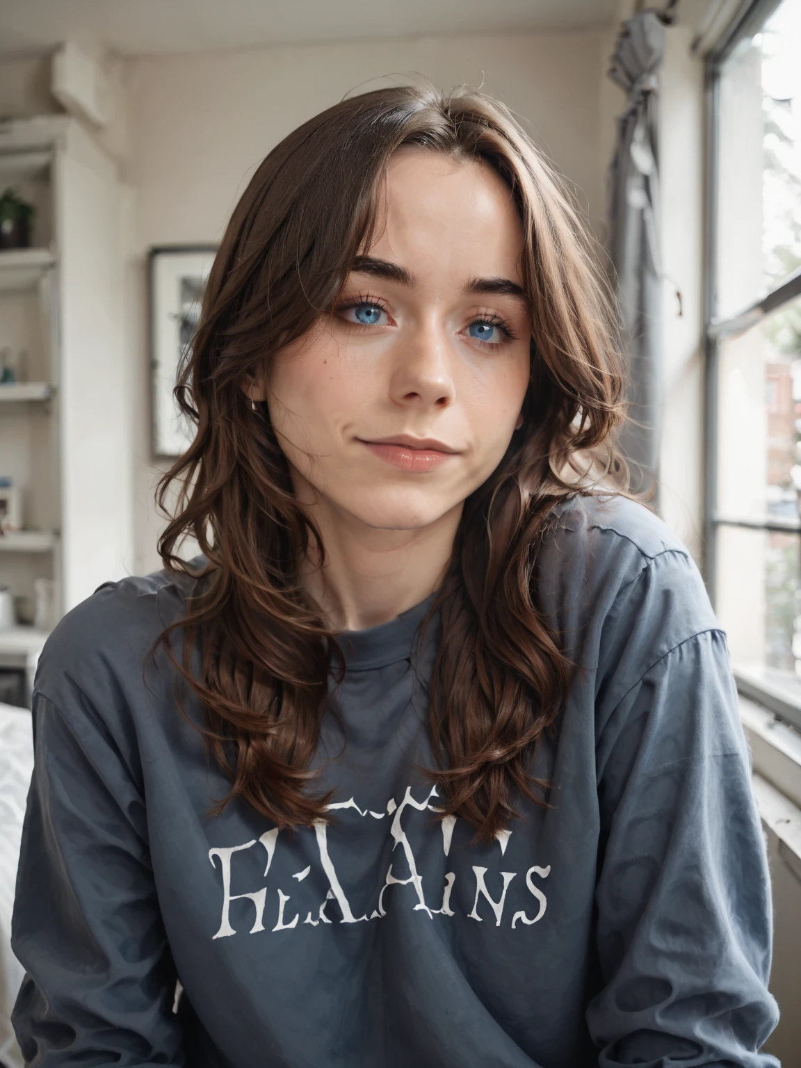 rating_safe, score_9, score_8_up, score_7_up, 1girl, solo, brown hair, blue eyes, <lora:Sarah_Desjardins_-_Pony:1> s_desjardins, t-shirt, sweater