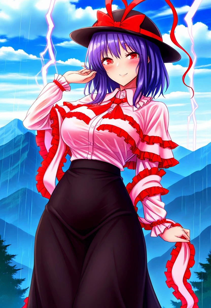 ((akehi yuki style)), ((clouds)), ((day time)), ((mountain)), (rain), ((purple lightning)), 1girl, solo, ((large breasts)), (smile), (standing), ((posing)), (blush), ((nagae iku)), medium hair, purple hair, red eyes, hat, black hat, bow, skirt, hat bow, long sleeves, shirt, ((black long skirt)), red bow, capelet, white shirt, ribbon, frills, shawl, frilled shawl