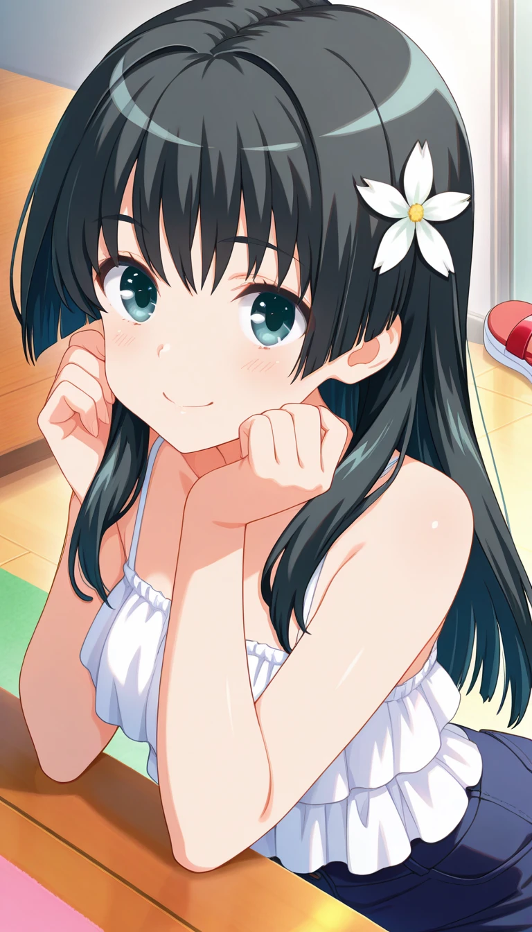 (masterpiece),best quality,amazing quality,very aesthetic,absurdres,newest,perfect body,shiny skin,perfect eyes,detail1eye,well-defined fingers,well-defined fingernails,anime style,indoors,1girl,solo,upper body,(portrait:1.5),looking at viewer,facing viewer,smile,blush,Qp Flapper style,Saten Ruiko,casual clothes no.1,long hair,black hair,hair ornament,hair flower,sidelocks,bangs,black eyes,bare shoulders,camisole,white shirt,frilled shirt,medium breasts,dark blue pants,capri pants,pants rolled up,sandals,red footwear,<lora:Saten Ruiko(omrg)-Illus:1.6>,<lora:Qp Flapper[style]-Illus:1.6>,