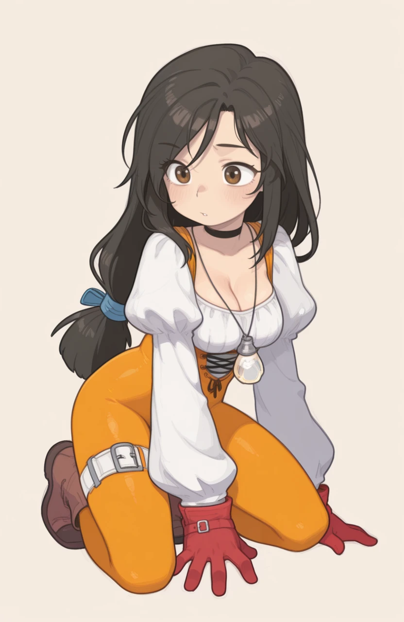 masterpiece, best quality, 1girl, solo, simple background,
<lora:PossumMachine_v2:0.9> possmach, traditional media, colored pencil \(medium\), graphite \(medium\),
kneeling, one hand on ground, one hand raised, looking forward, eye visible, detailed hands, dynamic pose, determined expression,
<lora:ffgarnet-illu-nvwls-v1_1:1> ffixgarnet, black hair, brown eyes, low-tied long hair, pendant, black choker, orange bodysuit, cross-laced bodysuit, cleavage, white shirt, puffy sleeves, white sleeves, red gloves, thigh strap, brown boots