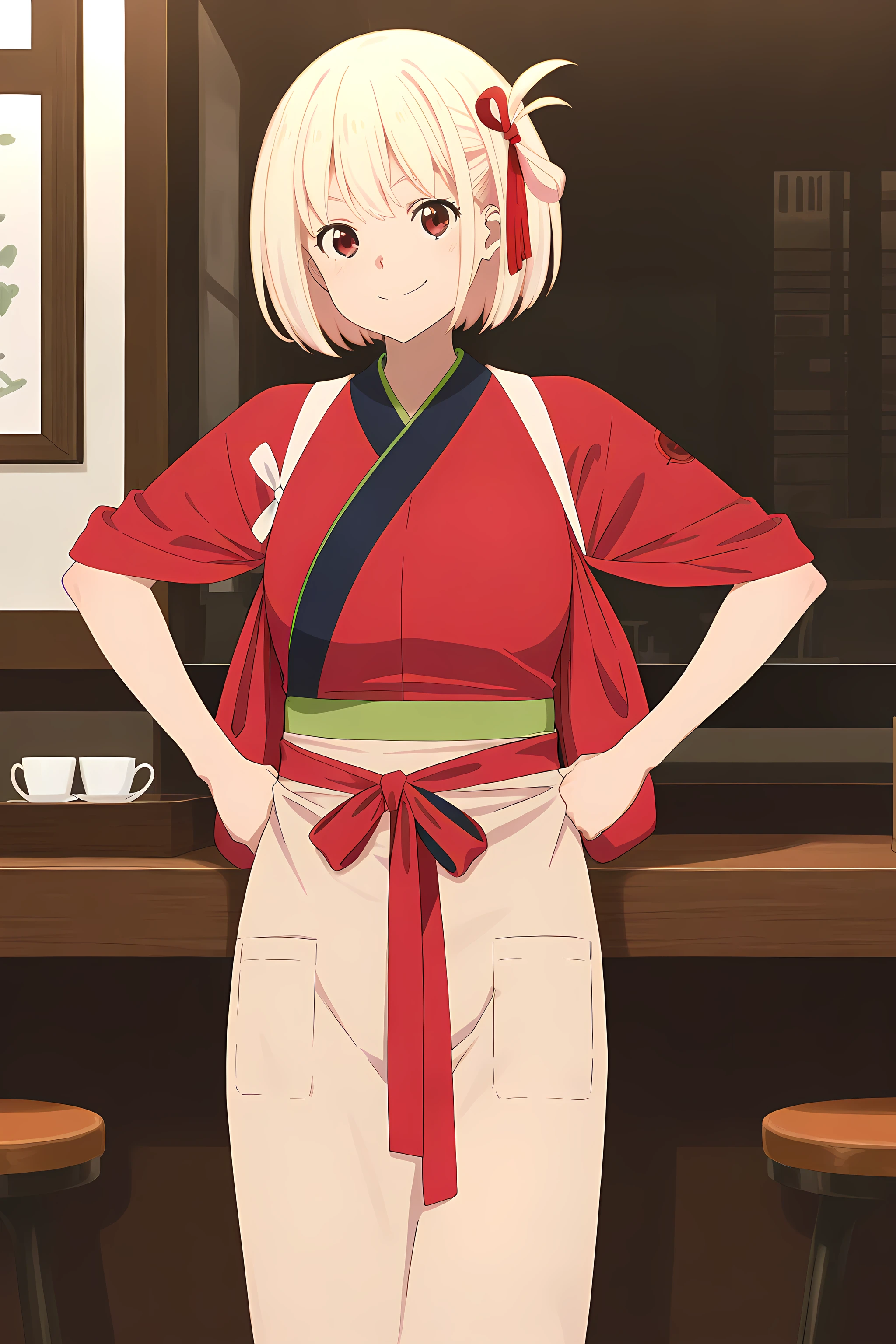 chisato-nishikigi(aniver), cafelycoreco, 1girl, blonde hair, solo, red kimono, japanese clothes, red eyes, short hair, red ribbon, ribbon, hair ribbon, bangs, kimono, looking at viewer, apron, hand on hips, indoor, cafe tables, tasuki , smile, cowboy shot, <lora:ChisatoNishikigi-LycorisRecoil-ILXL:1>, (masterpiece),(best quality),(ultra-detailed),(best illustration),(best shadow),(absurdres),(detailed background),(very aesthetic),