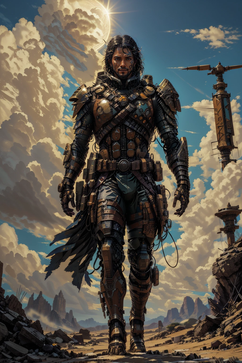 A lone cybernetic wanderer stands against the backdrop of a stormy desert, his mechanical arm glinting in the diffuse light of a dying sun. His face is a blend of human and machine, with glowing turquoise eyes and intricate metallic implants etched into his skin. best quality, double exposure, realistic, whimsical, fantastic, splash art, intricate detailed, hyperdetailed, maximalist style, psychedelic, post-apocalyptic, photorealistic, concept art, sharp focus, harmony, serenity, tranquility, mysterious glow, ambient occlusion, halation, cozy ambient lighting, dynamic lighting ,masterpiece, excellent composition, finest details, highest aesthetics His tattered, high-tech cloak sways in the wind, revealing layers of advanced armor adorned with ancient, rune-like engravings. Sand particles swirl around him in a shimmering haze, giving the impression of raw, untamed energy. A faint aura of blue light emanates from the core of his chest plate, pulsing like a heartbeat. <lora:sd_neosigma2_LoRA:1> , illustration neosigma2 style