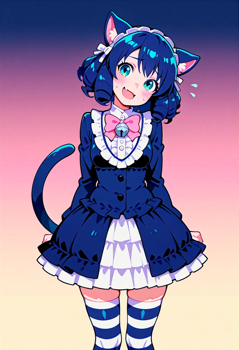 masterpiece, best quality, contorapposto, [photo background::0.5] BREAK 1girl, animal girl, sb69cyan, sb69 outfit, worried, smile, open mouth, nervous sweatdrop, head tilt, upper body, striped thighhighs, simple background, gradient background, <lora:plasmagica_v2-000017:1>