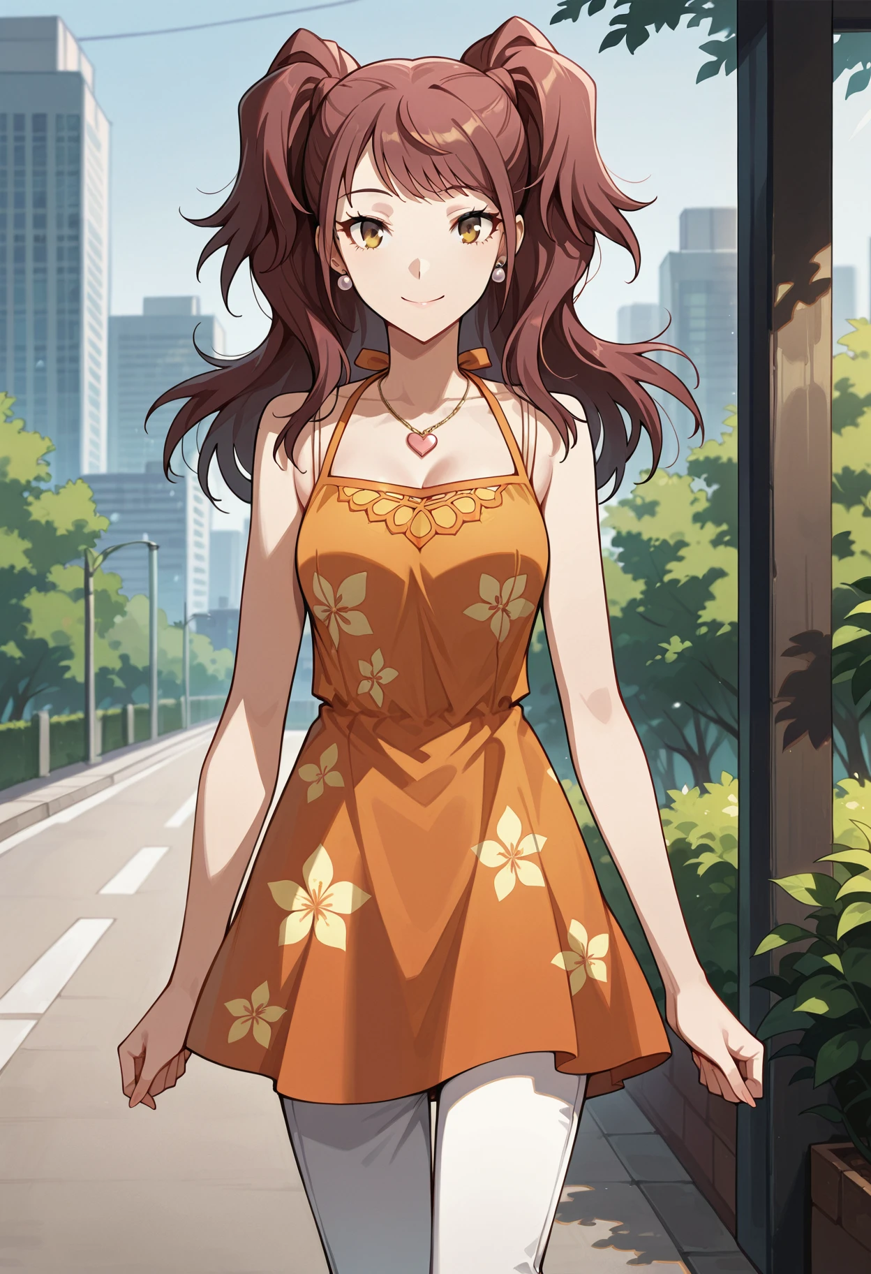 (masterwork, masterpiece, best quality, hyper-detailed),
1 girl, solo,
p4rise, kujikawa rise, twintails, long hair, brown hair, earrings
p4rise-sumcas, heart necklace, pendant, dress, short dress, orange dress, halterneck, spaghetti straps, flower print, pants, capri pants, white pants,
outdoors, cityscape, trees, greenery, standing, cowboy shot, looking at viewer, smile,