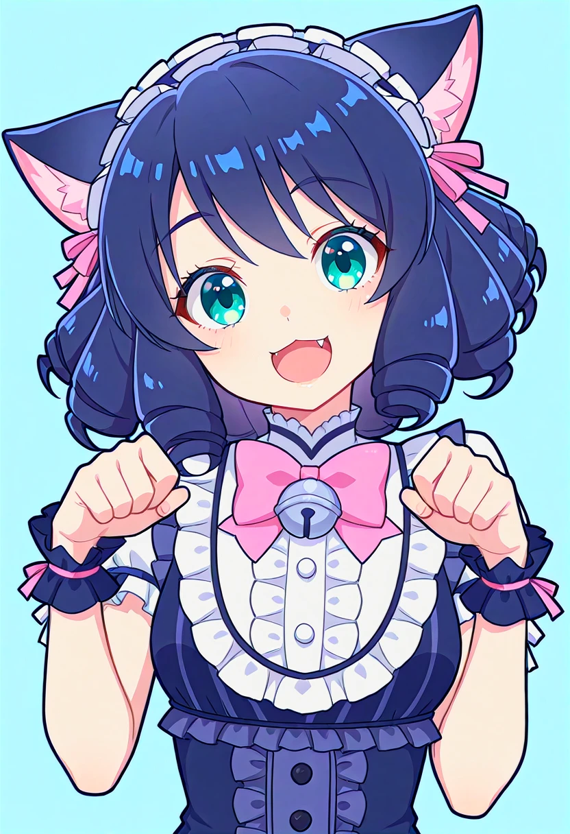 masterpiece, best quality, contorapposto, [photo background::0.5] BREAK 1girl, animal girl, sb69cyan, fesalive outfit, smile, open mouth, paw pose, upper body, simple background, light-blue background, head tilt, looking at viewer, <lora:plasmagica_v2-000017:1>