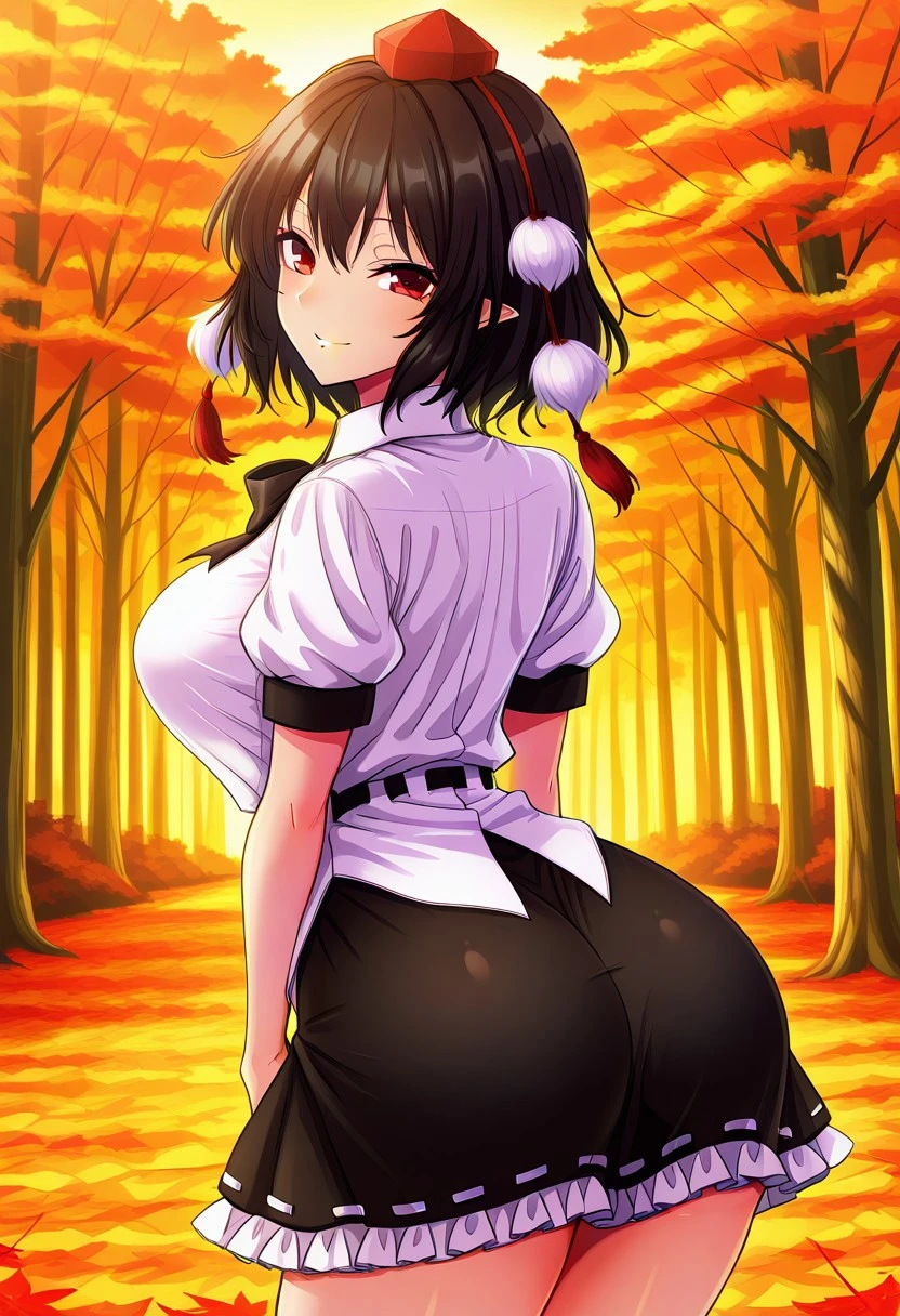 ((akehi yuki style)), ((forest)), ((autumn)), ((evening time)), 1girl, solo, ((standing)), ((posing)), smile, looking at viewer, ((large breasts)), ((shameimaru aya)), red eyes, black hair, short hair, tokin hat, collared shirt, white shirt, short sleeves, black bow, black skirt, frilled skirt, ((from behind)), ((large ass))