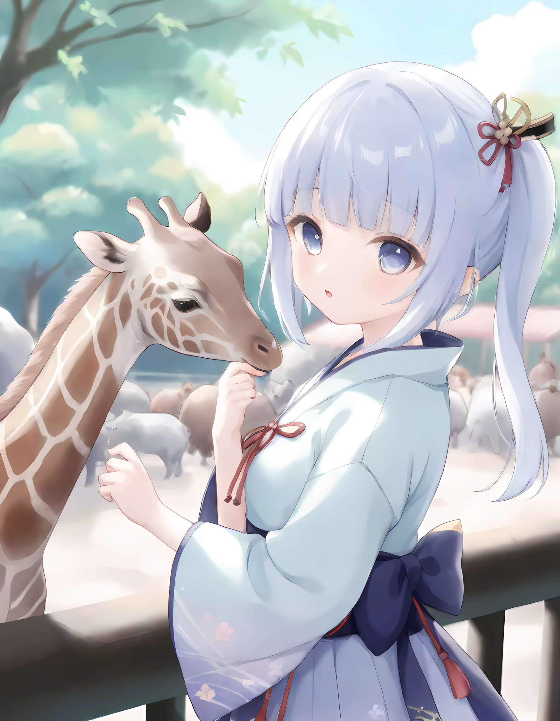 1girl, kamisato ayaka, genshin impact , (illustration) (pastel:1.1), (kawaii:1.2), , (zoo)