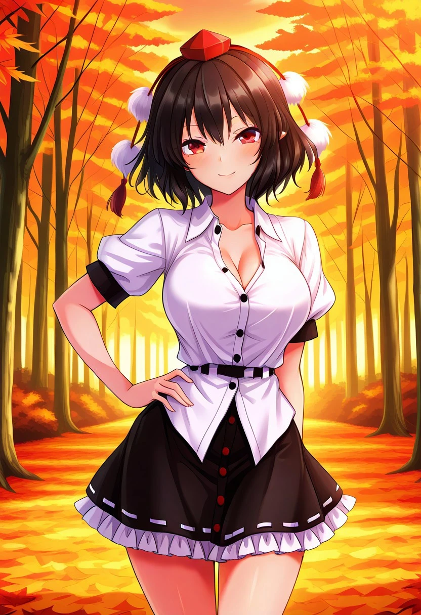 ((akehi yuki style)), ((forest)), ((autumn)), ((evening time)), 1girl, solo, ((standing)), ((posing)), smile, looking at viewer, ((large breasts)), ((shameimaru aya)), red eyes, black hair, short hair, tokin hat, collared shirt, white shirt, short sleeves, black bow, black skirt, frilled skirt, ((cleavage))