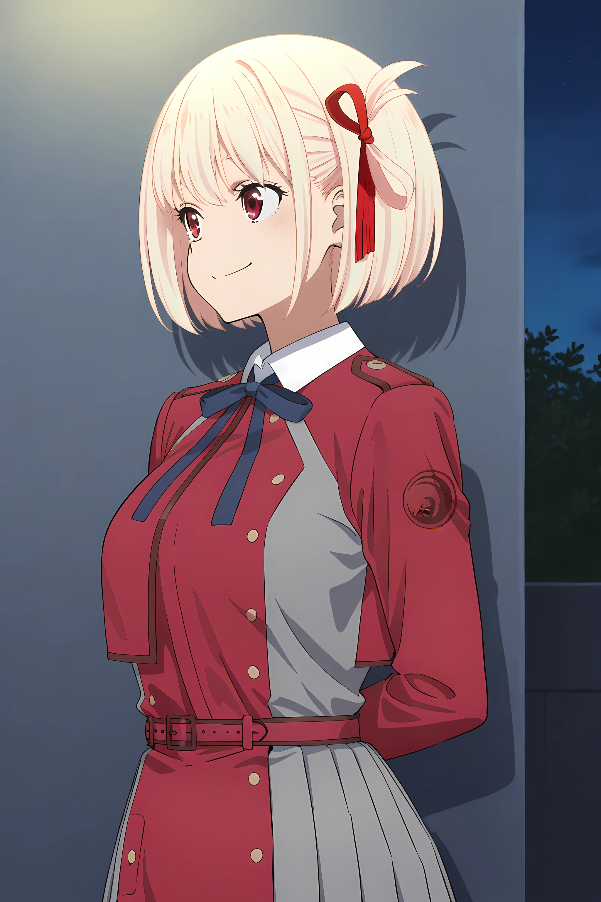 chisato-nishikigi(aniver), baseoutfit, 1girl, lycoris uniform, solo, blonde hair, red eyes, ribbon, two-tone dress, red ribbon, dress, grey dress, short hair, pleated dress, hair ribbon, red belt, red dress, bangs, smile, upper body, indoor, night, <lora:ChisatoNishikigi-LycorisRecoil-ILXL:1>, (masterpiece),(best quality),(ultra-detailed),(best illustration),(best shadow),(absurdres),(detailed background),(very aesthetic),