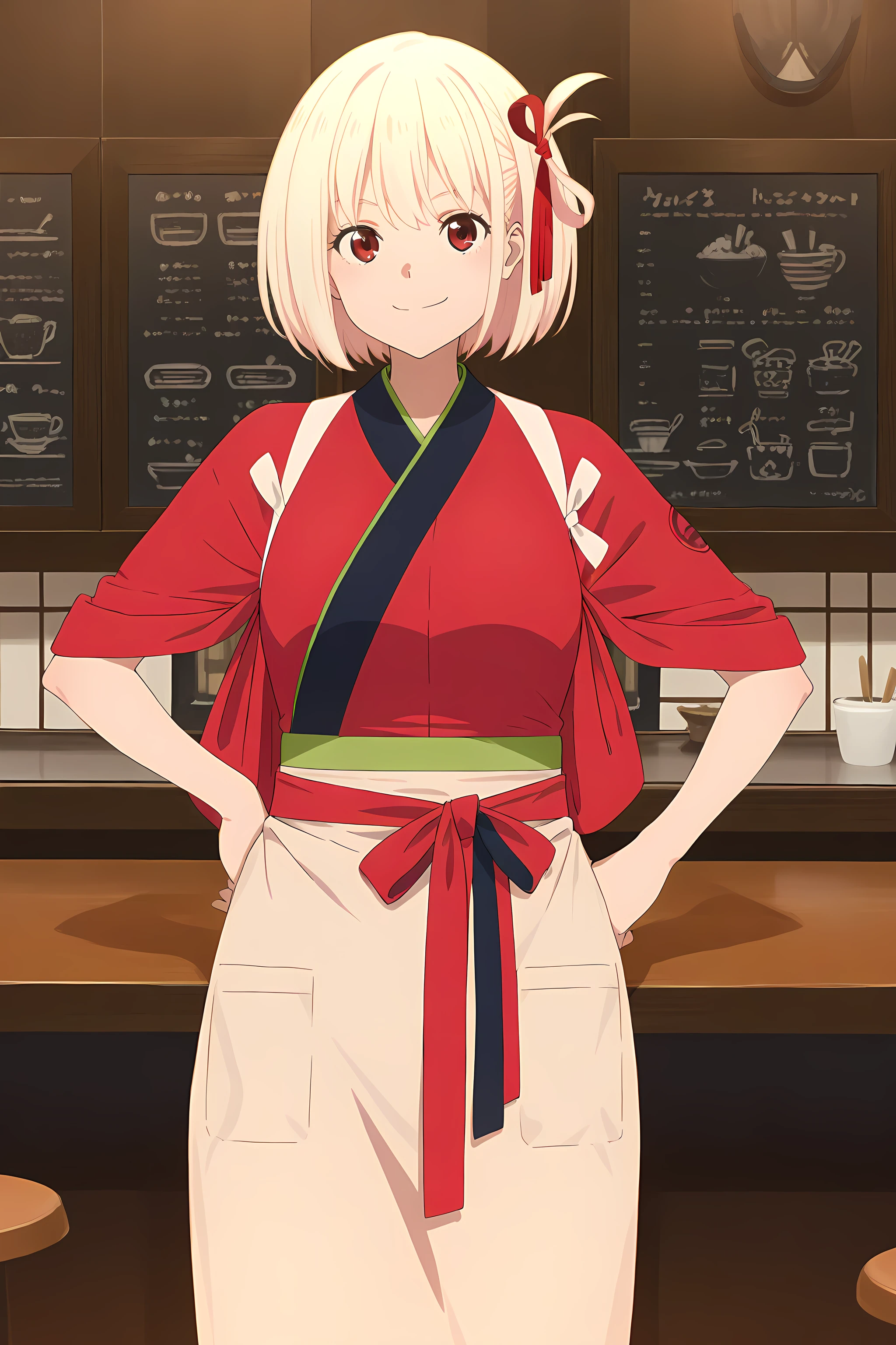chisato-nishikigi(aniver), cafelycoreco, 1girl, blonde hair, solo, red kimono, japanese clothes, red eyes, short hair, red ribbon, ribbon, hair ribbon, bangs, kimono, looking at viewer, apron, hand on hips, indoor, cafe tables, tasuki , smile, cowboy shot, <lora:ChisatoNishikigi-LycorisRecoil-ILXL:1>, (masterpiece),(best quality),(ultra-detailed),(best illustration),(best shadow),(absurdres),(detailed background),(very aesthetic),