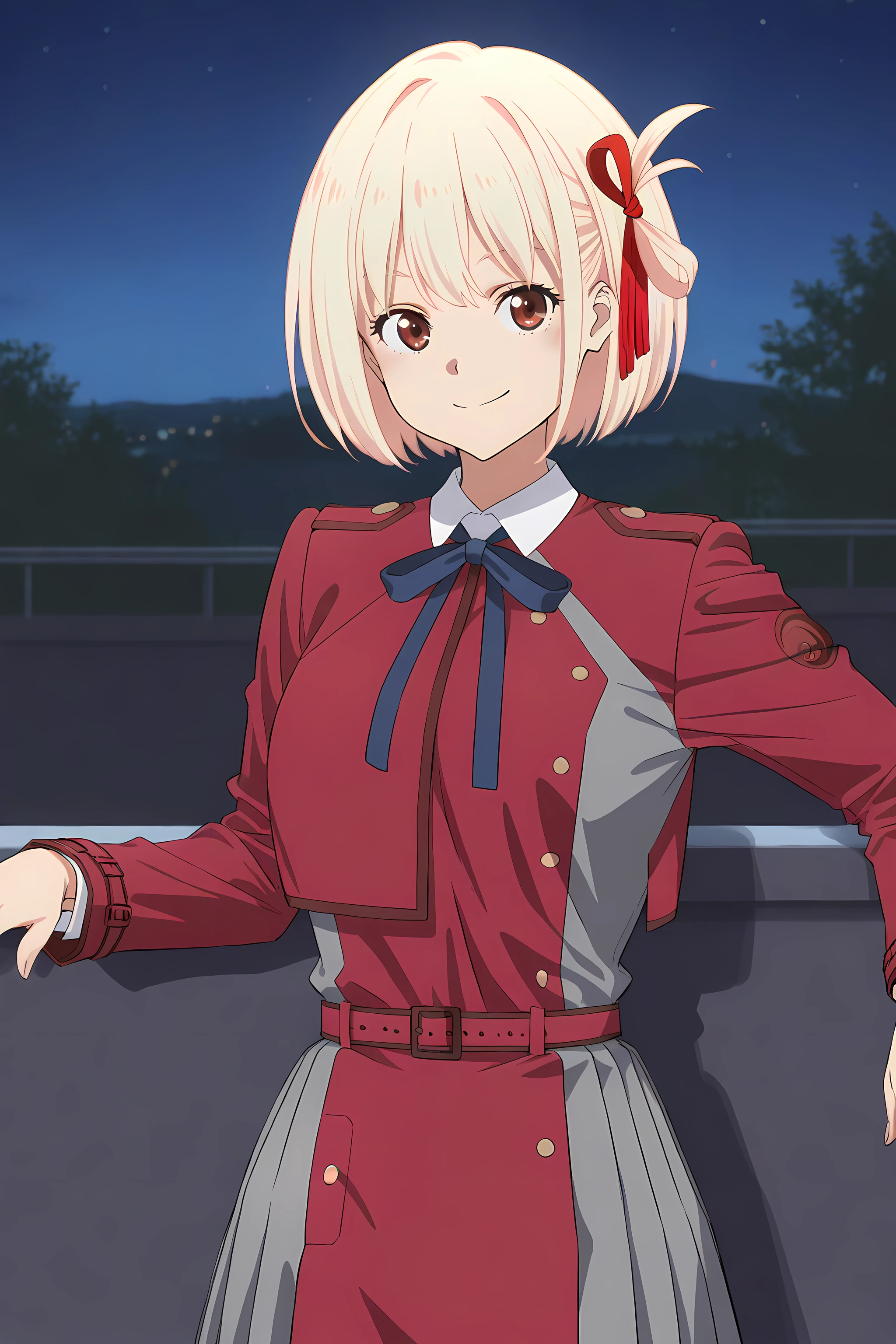 chisato-nishikigi(aniver), baseoutfit, 1girl, lycoris uniform, solo, blonde hair, red eyes, ribbon, two-tone dress, red ribbon, dress, grey dress, short hair, pleated dress, hair ribbon, red belt, red dress, bangs, smile, upper body, indoor, night, <lora:ChisatoNishikigi-LycorisRecoil-ILXL:1>, (masterpiece),(best quality),(ultra-detailed),(best illustration),(best shadow),(absurdres),(detailed background),(very aesthetic),