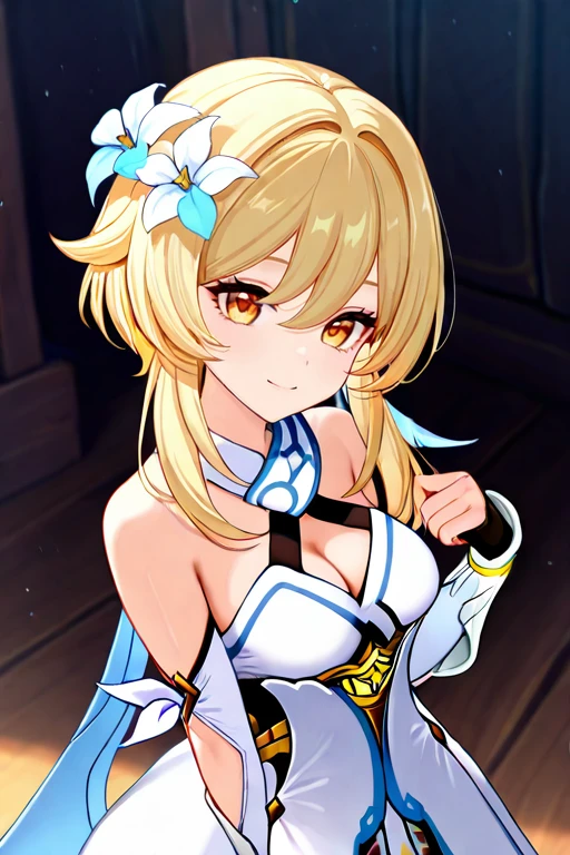 masterpiece, High quality, Ultra detailed, 2d, newest, absurdres, highres, BREAK
1girl, solo, <lora:lumine:0.8>, lumine_(genshin_impact), blonde hair, sidelocks, short hair with long locks, hair white flower, hair between eyes, yellow eyes, smile, medium breasts, lumineDef, bare shoulders, white dress, cleavage, detached sleeves, black gloves, white footwear, boots, thigh boots,
upper body, hands up, looking at viewer, cowboy shot,