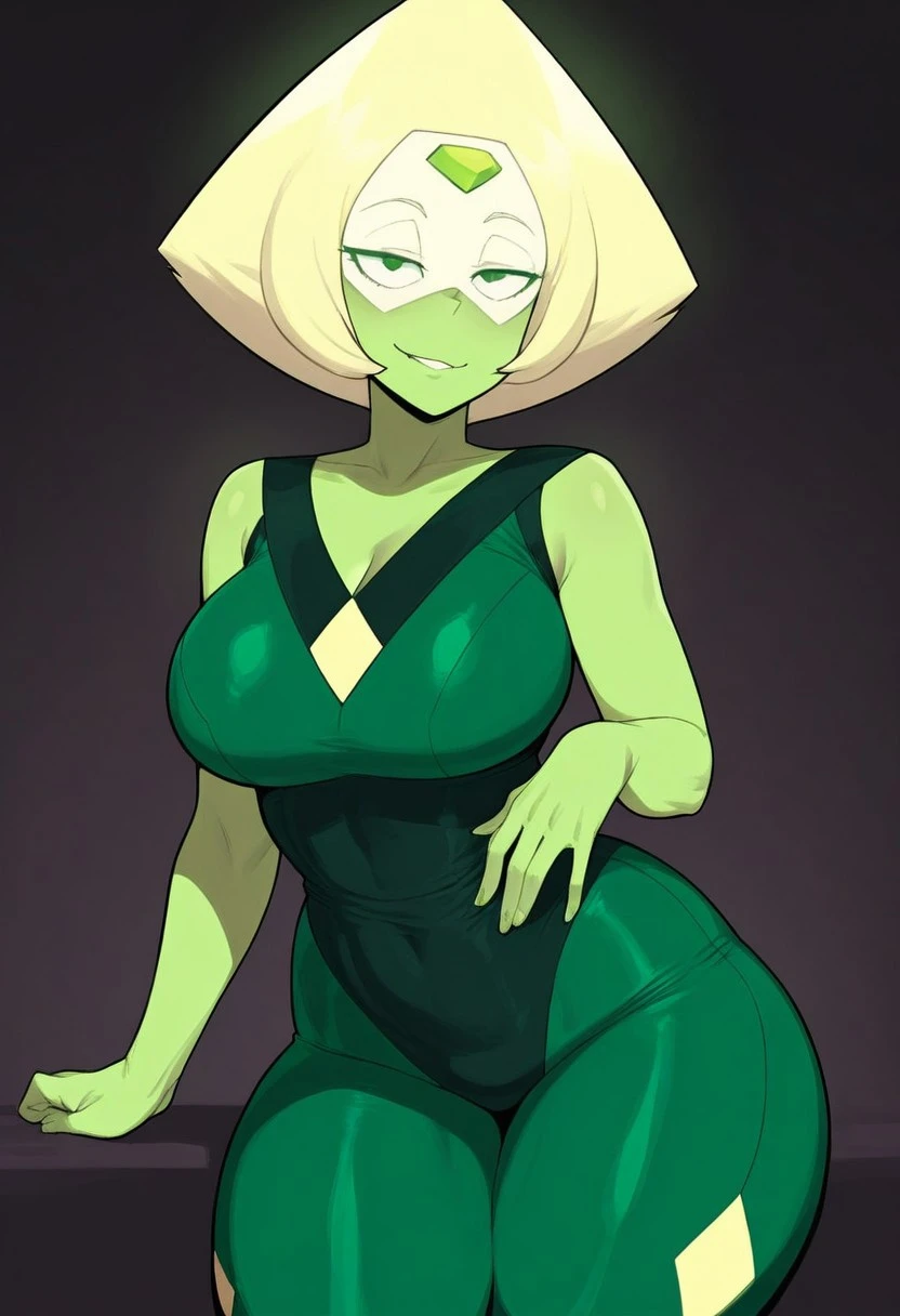 1girl, solo, (masterpiece:1.5), (best quality:1.5), (amazing quality:1.4), (Peridot:1.6), (green skin:1.6), (yellow visor:1.5), (green eyes:1.5), (green forehead gem:1.5), (diamond-shaped hair:1.5), (yellow hair:1.5), (pointy nose:1.4), (dark green and black bodysuit:1.6), (v-neck bodysuit:1.6), (tight bodysuit:1.5), (glossy fabric:1.4), (thick thighs:1.5), (busty:1.6), (soft skin shading:1.4), (glistening highlights:1.3), (detailed hands:1.3), (smooth shading:1.4), (bold outlines:1.3), (soft lighting:1.3), (vibrant colors:1.4), (suggestive pose:1.5), ((seductive expression:1.4), (detailed bodysuit texture:1.3)