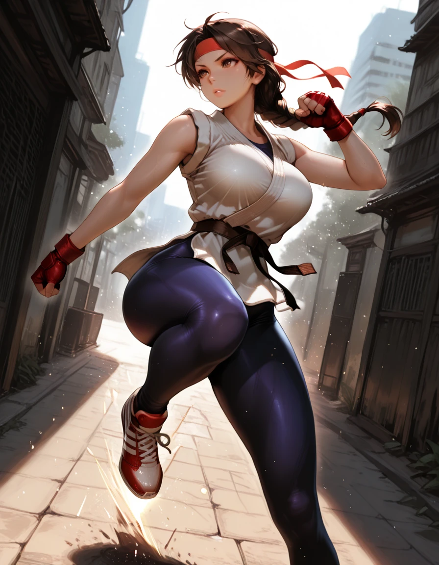 masterpiece, best quality, 1girl, solo, absurdres,
large breasts,
ysakazaki,
brown hair, brown eyes, single braid,
dougi, sneakers, spandex, headband, fingerless gloves,
mature female,
high up , standing on one foot, poised before executing a spinning kick, cinematic angle, ,
attack, fighting stance,
city,
glowing, light particles,
blurry background,
embedding:SmoothQuality,