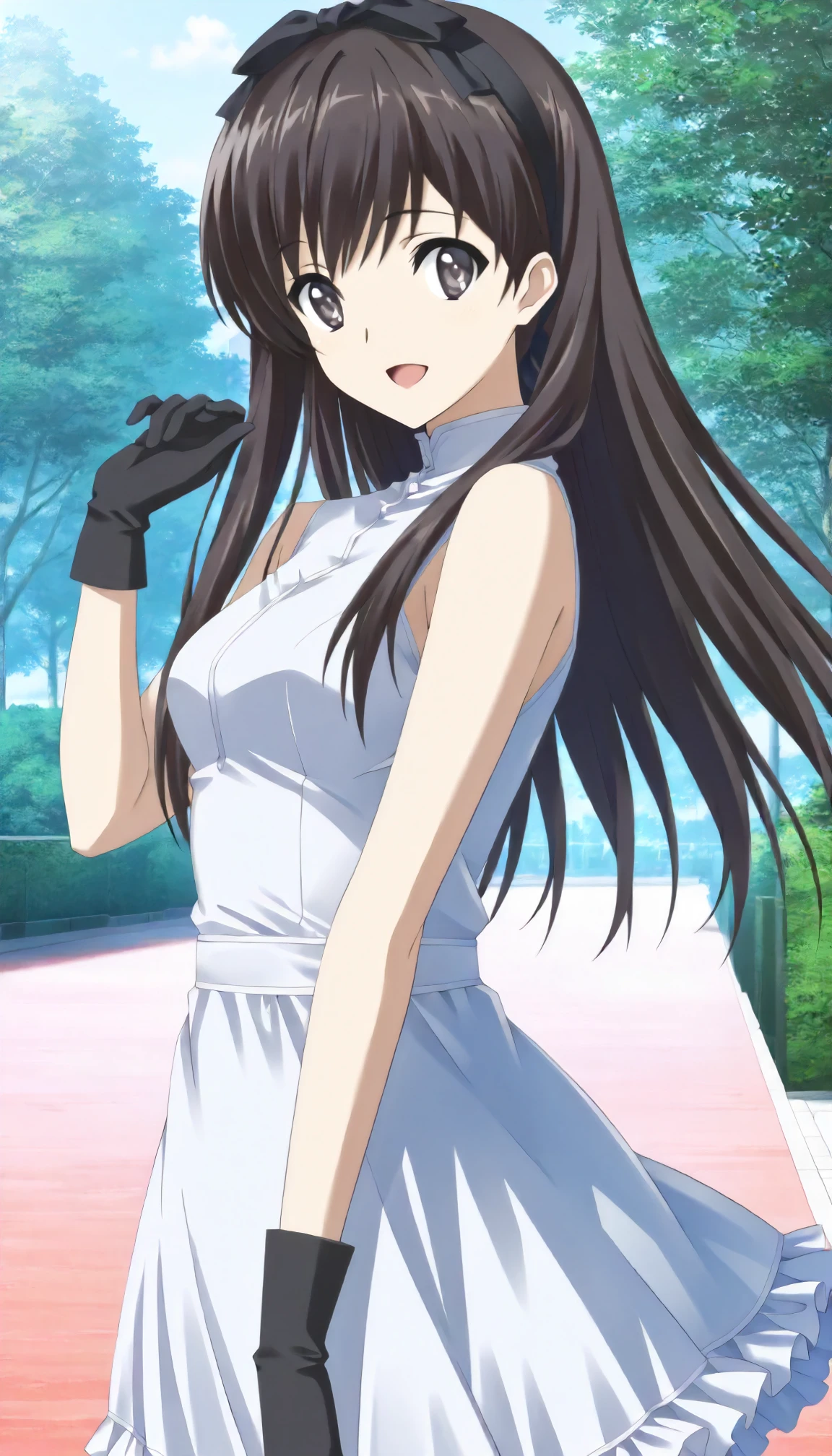 <lora:WA_morikawa_yukiXLIllustrious001>,
masterpiece,best quality,good quality,newest,
outdoors,day,
smile,open mouth,
looking at viewer,
solo,
anime coloring,
morikawa_yuki\(white_album\),1girl,black brown hair,long hair,black brown eyes,
black hair band,hair ribbon,
white dress,sleeveless,
black gloves,
frilled_skirt,