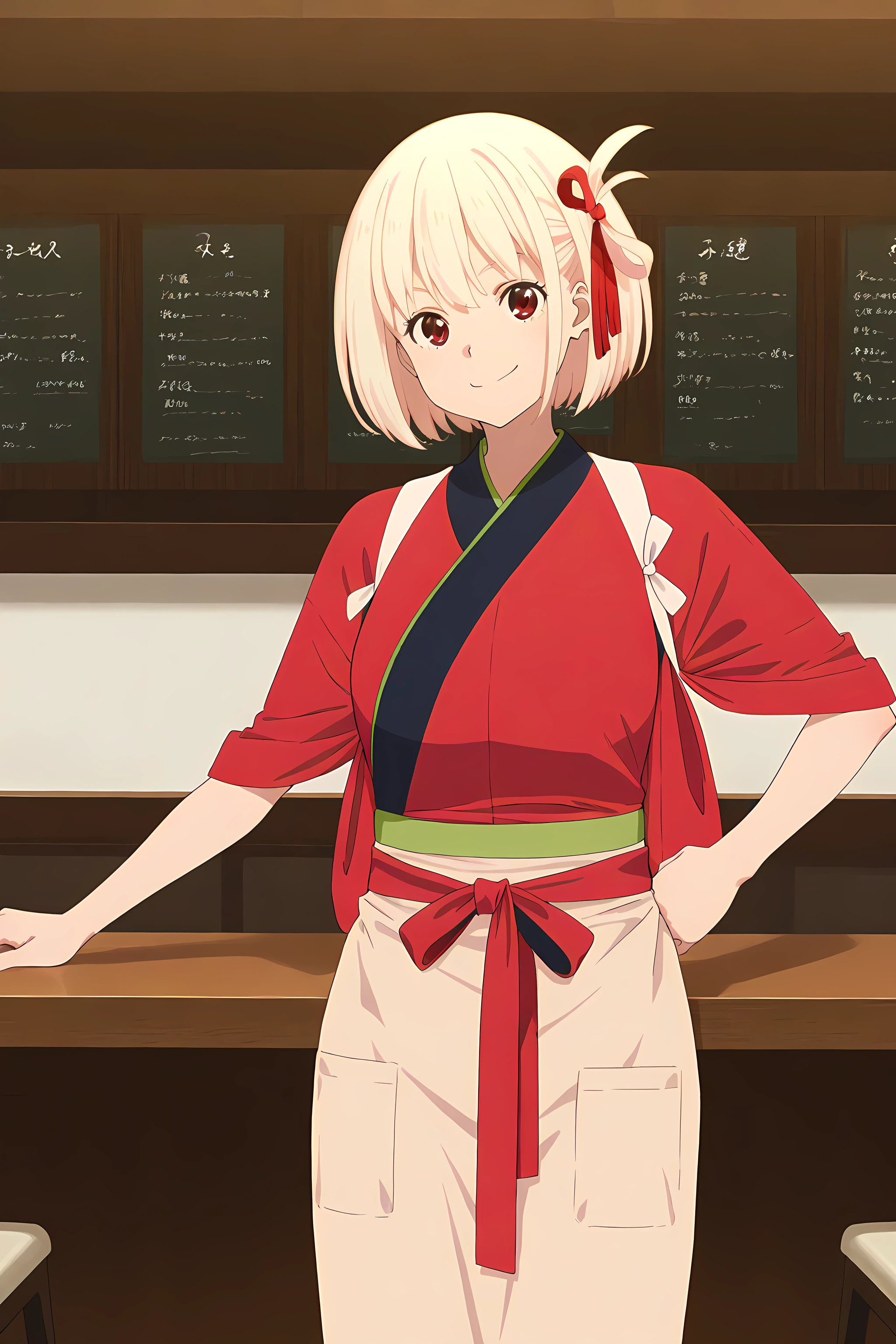 chisato-nishikigi(aniver), cafelycoreco, 1girl, blonde hair, solo, red kimono, japanese clothes, red eyes, short hair, red ribbon, ribbon, hair ribbon, bangs, kimono, looking at viewer, apron, hand on hips, indoor, cafe tables, tasuki , smile, cowboy shot, <lora:ChisatoNishikigi-LycorisRecoil-ILXL:1>, (masterpiece),(best quality),(ultra-detailed),(best illustration),(best shadow),(absurdres),(detailed background),(very aesthetic),