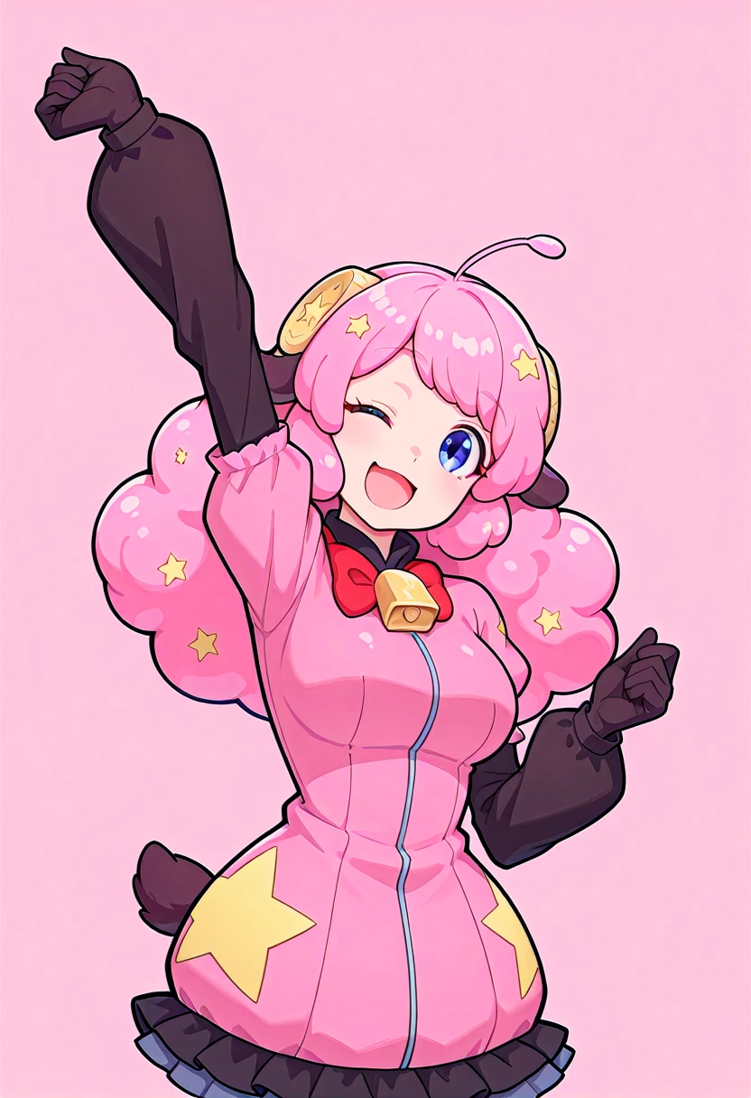 masterpiece, best quality, contorapposto, [photo background::0.5] BREAK 1girl, animal girl, sb69moa, moa outfit, smile, one eye closed, arm up, open mouth, simple background, pink background, head tilt, looking at viewer, <lora:plasmagica_v2-000017:1>