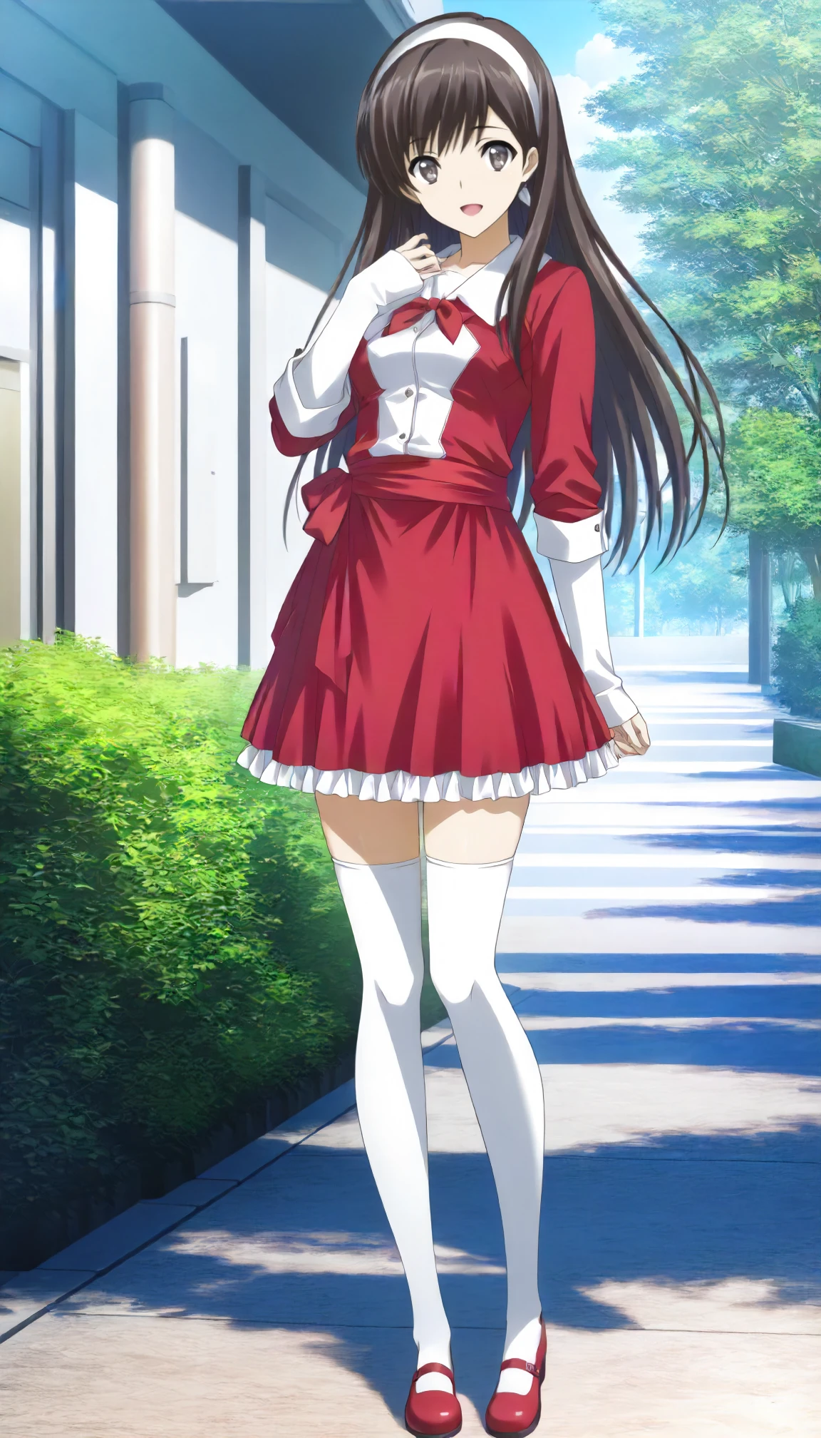 <lora:WA_morikawa_yukiXLIllustrious001>,
masterpiece,best quality,good quality,newest,
outdoors,day,
smile,open mouth,
looking at viewer,
solo,
anime coloring,
morikawa_yuki\(white_album\),1girl,black brown hair,long hair,black brown eyes,
white hair band,
red and white jacket,red bow tie,layered sleeves,sleeves past wrists,
red sash,waist ribbon,red skirt,frilled_skirt,
white_thighhighs,
red mary janes,
full body,standing,