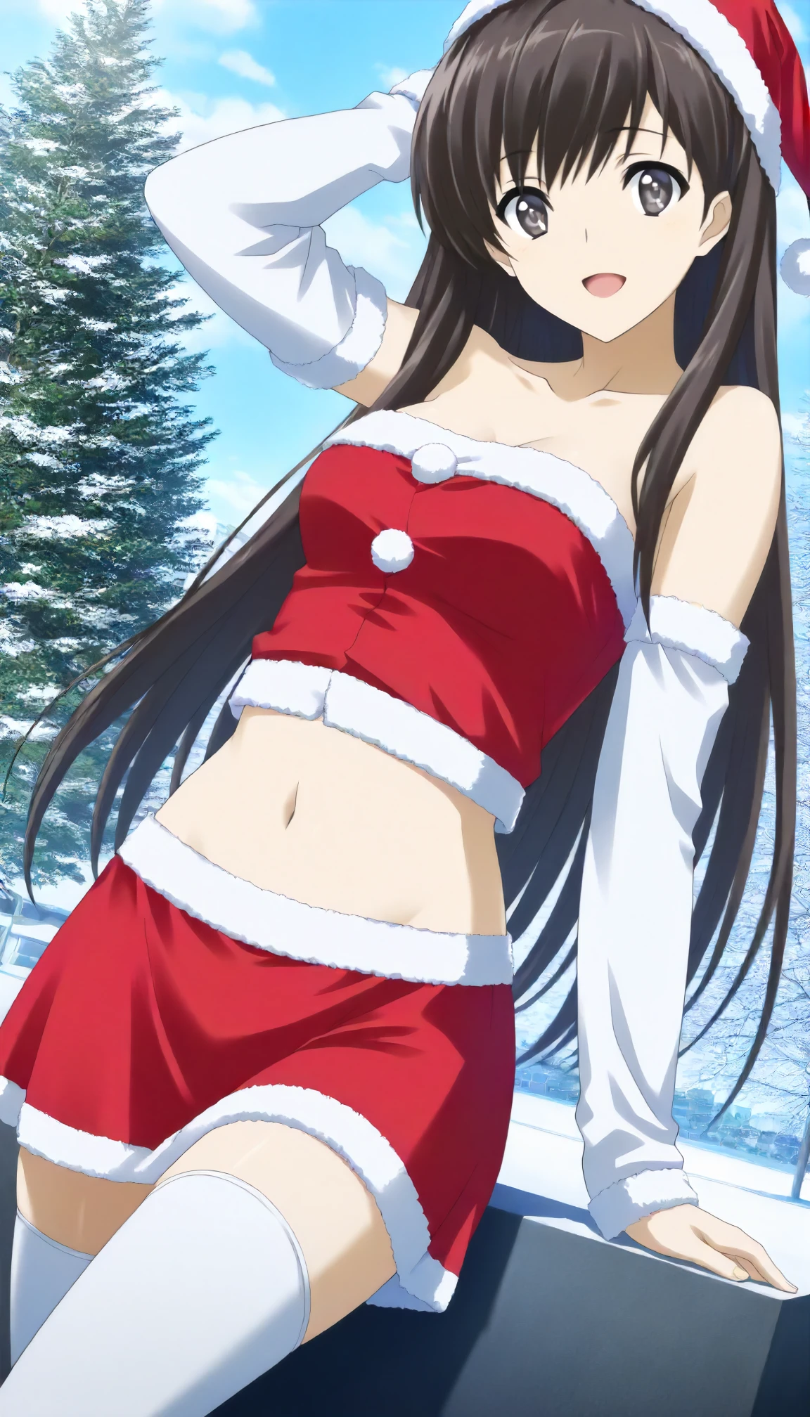 1girl, solo, masterpiece, best quality,
<lora:kyouko-madomagi-01:0.8>,
santa costume, santa hat, fur trim, fur-trimmed headwear, detached sleeves, mahou shoujo madoka magica, sakura kyouko, kyouko sakura, red eyes, tsurime, red hair, long hair, ponytail, hair bow, black bow, santa bikini, red bikini, fur collar, fur-trimmed bikini, bare shoulders, small breasts, red thighhighs,
cowboy shot, contrapposto, looking at viewer,
blush, smile, one eye closed, ;o, open mouth,
indoors, christmas, christmas tree