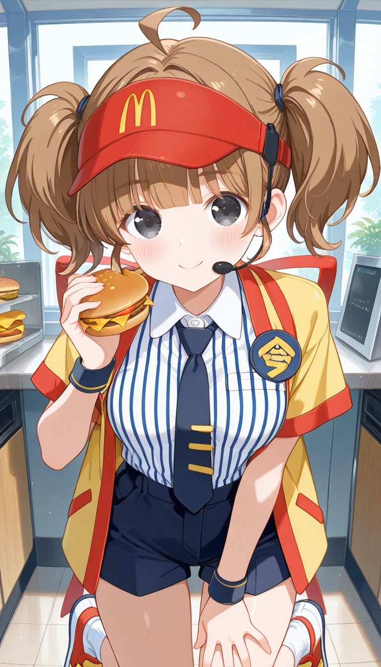 (masterpiece),best quality,amazing quality,very aesthetic,absurdres,newest,perfect body,shiny skin,perfect eyes,detail1eye,well-defined fingers,well-defined fingernails,anime style,indoors,1girl,solo,cowboy shot,upper body,(portrait:1.5),looking at viewer,facing viewer,smile,blush,Qp Flapper style,Double Cheese,ahoge,headset,visor cap,red headwear,long hair,brown hair,short twintails,blunt bangs,black eyes,employee uniform,yellow jacket,open jacket,black necktie,collared shirt,white shirt,vertical-striped shirt,badge,short sleeves,wristband,holding food,hamburger,medium breasts,shirt tucked in,black shorts,short shorts,thighs,white socks,sneakers,<lora:Double Cheese(mcdonald's)-Illus:1.6>,<lora:Qp Flapper[style]-Illus:1.6>,
