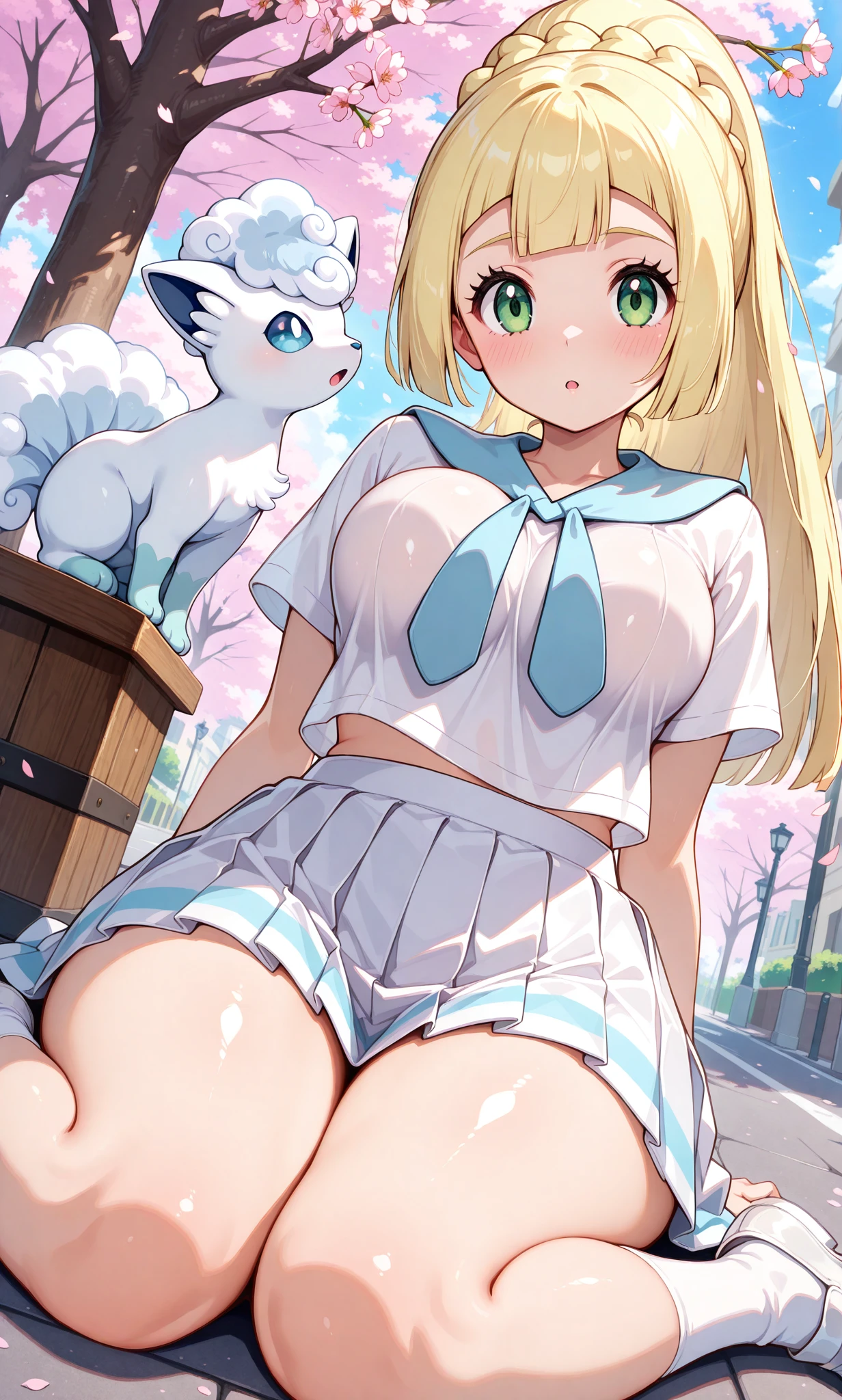 beautiful detailed eyes, masterpiece, best quality, intricate details, absurdres, 1girl, solo, street, outdoors, cherry blossoms, cowboy shot, looking at viewer, shiny skin, lillie (pokemon), long hair, ponytail, braid, blunt bangs, green eyes, white shirt, short sleeves, white skirt, pleated skirt, sailor collar, white socks, white footwear, pokemon (creature) alolan vulpix, wariza, on floor, arms support, from below, dutch angle