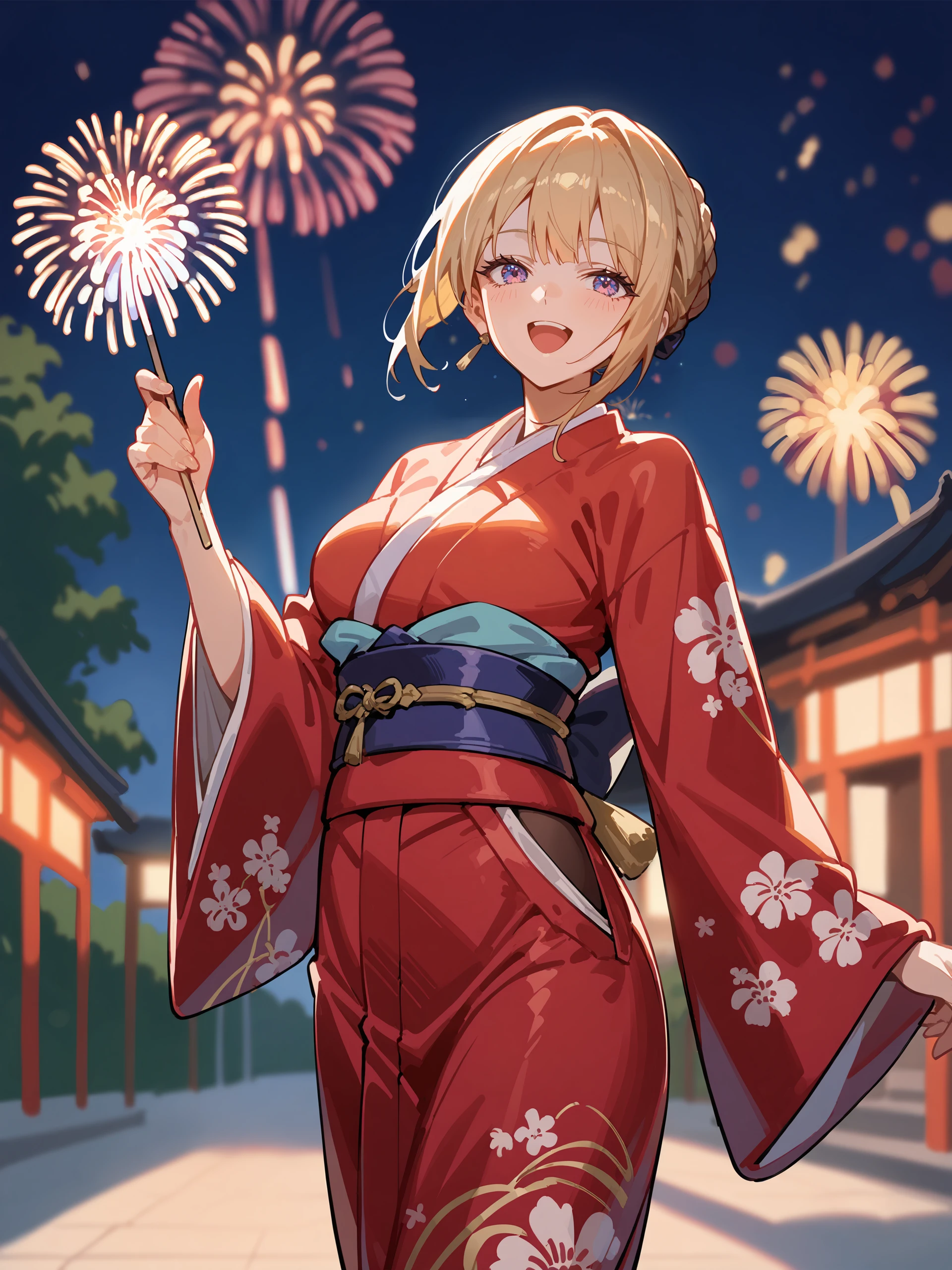 score_9, score_8_up, score_7_up, source_anime, ray tracing, best quality, <lora:Char-ZZZ-Evelyn-V1-Pony:0.8:hr=0.6>, 1girl, solo, evelyn chevalier, braided bun, hair up, kimono, obi, sash, tabi, standing, cowboy shot, holding fireworks, smile, open mouth, night, outdoors, blurry background