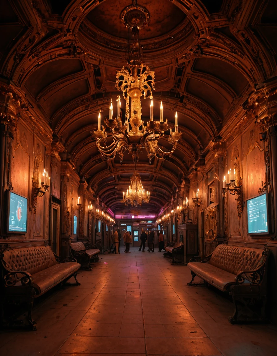 <lora:City_Worlds_02__Lost_-_Opera:1> cw02lost, cyberpunk, train station, baroque, medieval, gold, rich hanging chandelier