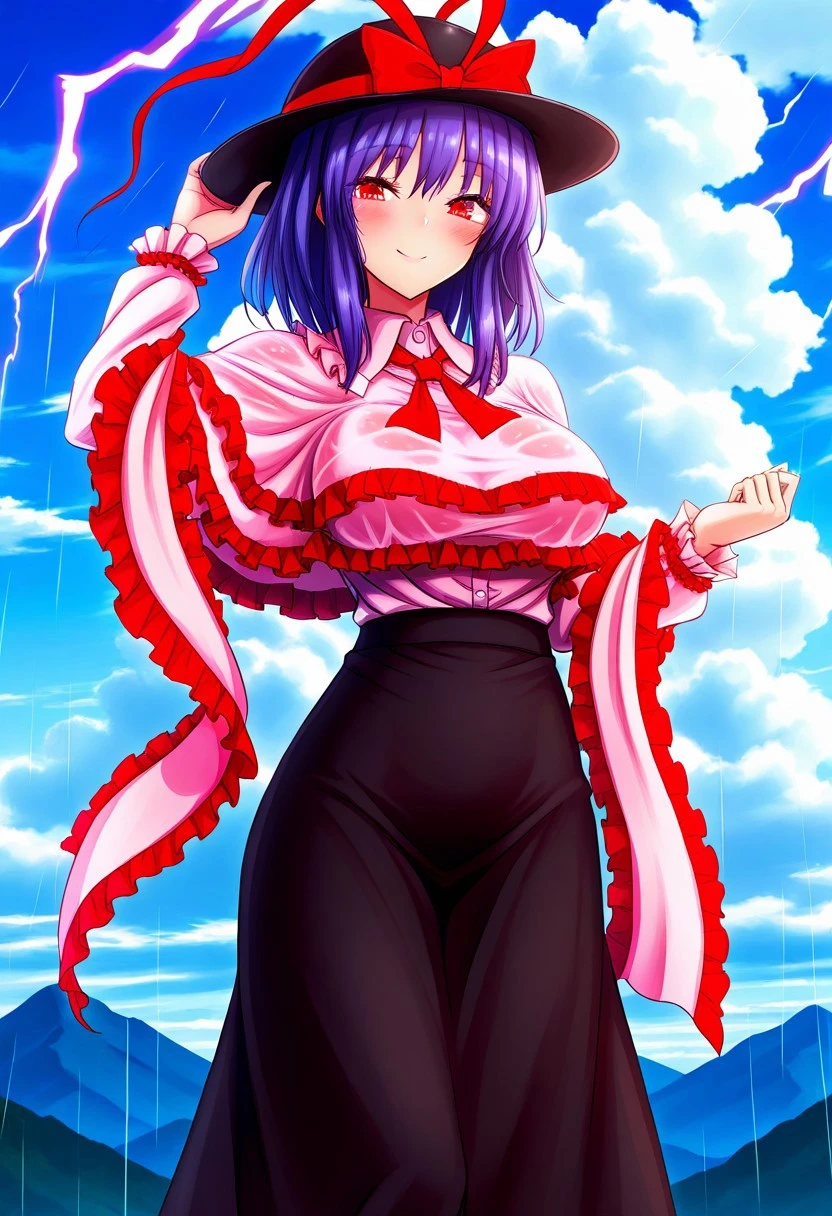 ((akehi yuki style)), ((clouds)), ((day time)), ((mountain)), (rain), ((purple lightning)), 1girl, solo, ((large breasts)), (smile), (standing), ((posing)), (blush), ((nagae iku)), medium hair, purple hair, red eyes, hat, black hat, bow, skirt, hat bow, long sleeves, shirt, ((black long skirt)), red bow, capelet, white shirt, ribbon, frills, shawl, frilled shawl