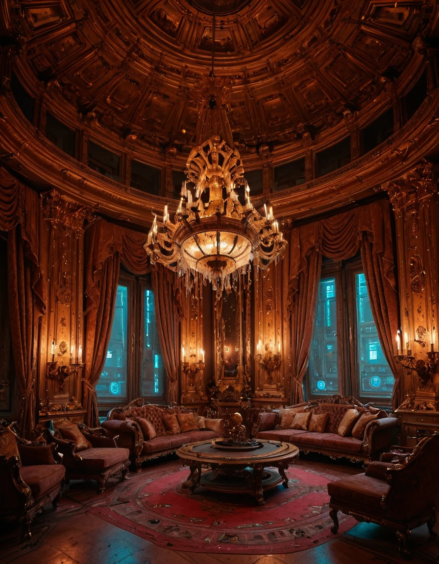 <lora:City_Worlds_02__Lost_-_Opera:1> cw02lost, cyberpunk, rich room interior, rich hanging chandelier, baroque, gold, round ceiling, windows,