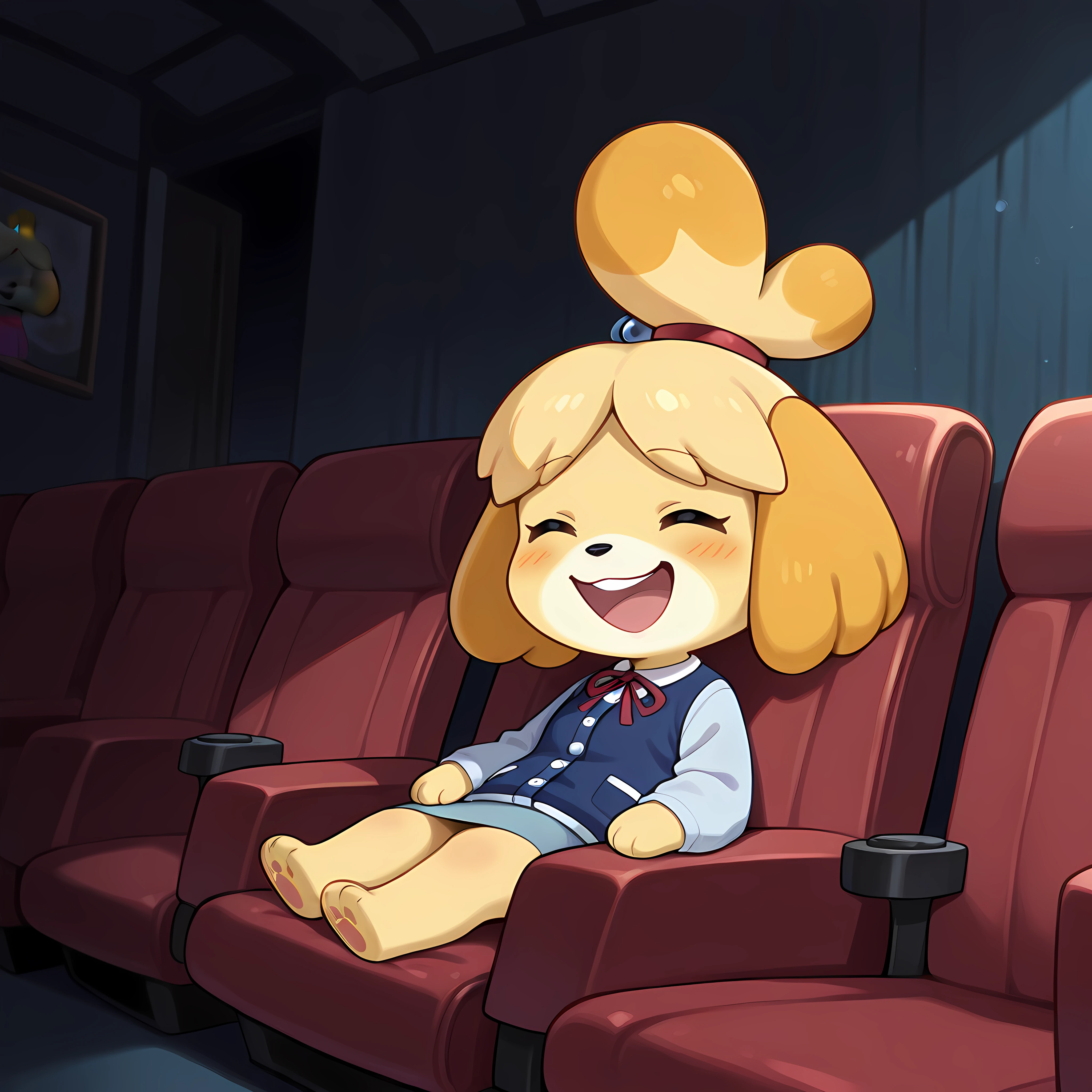 Masterpiece, newest, perfect quality, best quality, 1girl, solo, movi3theater, lounging, sprawled, laughing, red seats, dark room, shadows, Isabelle Animal Crossing