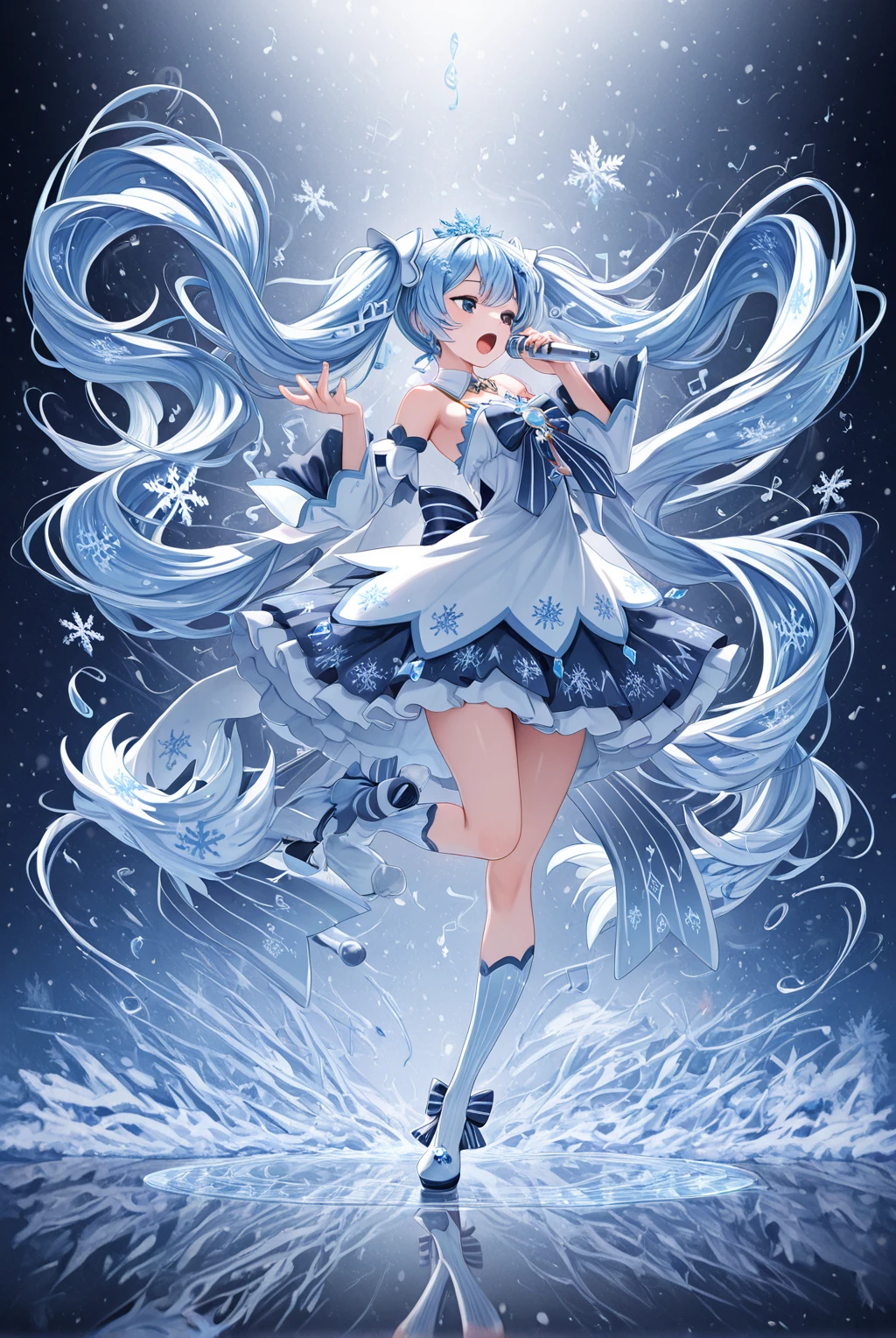 ,1girl,yuki miku,snowflake,snowflake hair ornament,snowflake print,snowflakes,striped bow,twintails,long hair,cyber fashion,musical note,eighth note,singing,dynamic pose,reflection,
,masterpiece,best quality,amazing quality,