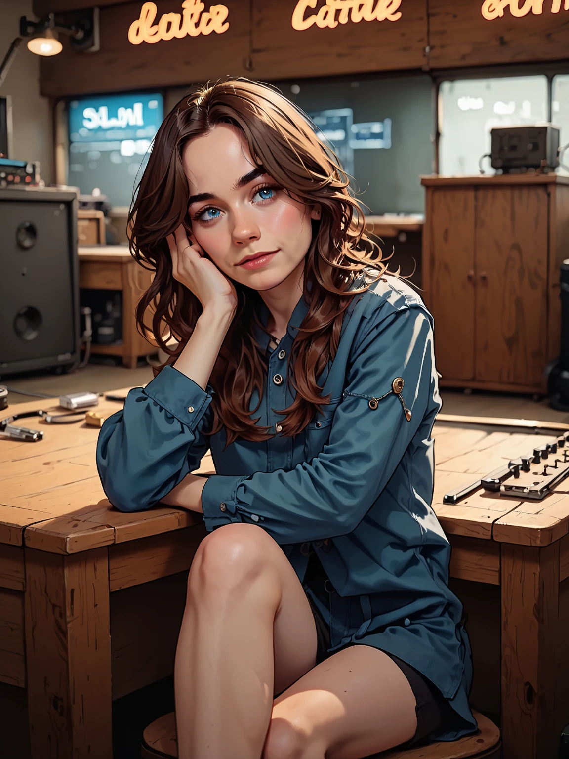 rating_safe, score_9, score_8_up, score_7_up, 1girl, solo, brown hair, blue eyes, <lora:Sarah_Desjardins_-_Pony:1> s_desjardins, __waifu/clothes/everyday/tops__, __waifu/clothes/everyday/bottoms__ , Lie on the stomach with legs slightly apart, propped up on the elbows, and eyes looking directly at the camera., Stage, Announcer's Table, positioned ringside, announcers providing commentary, script notes on the table