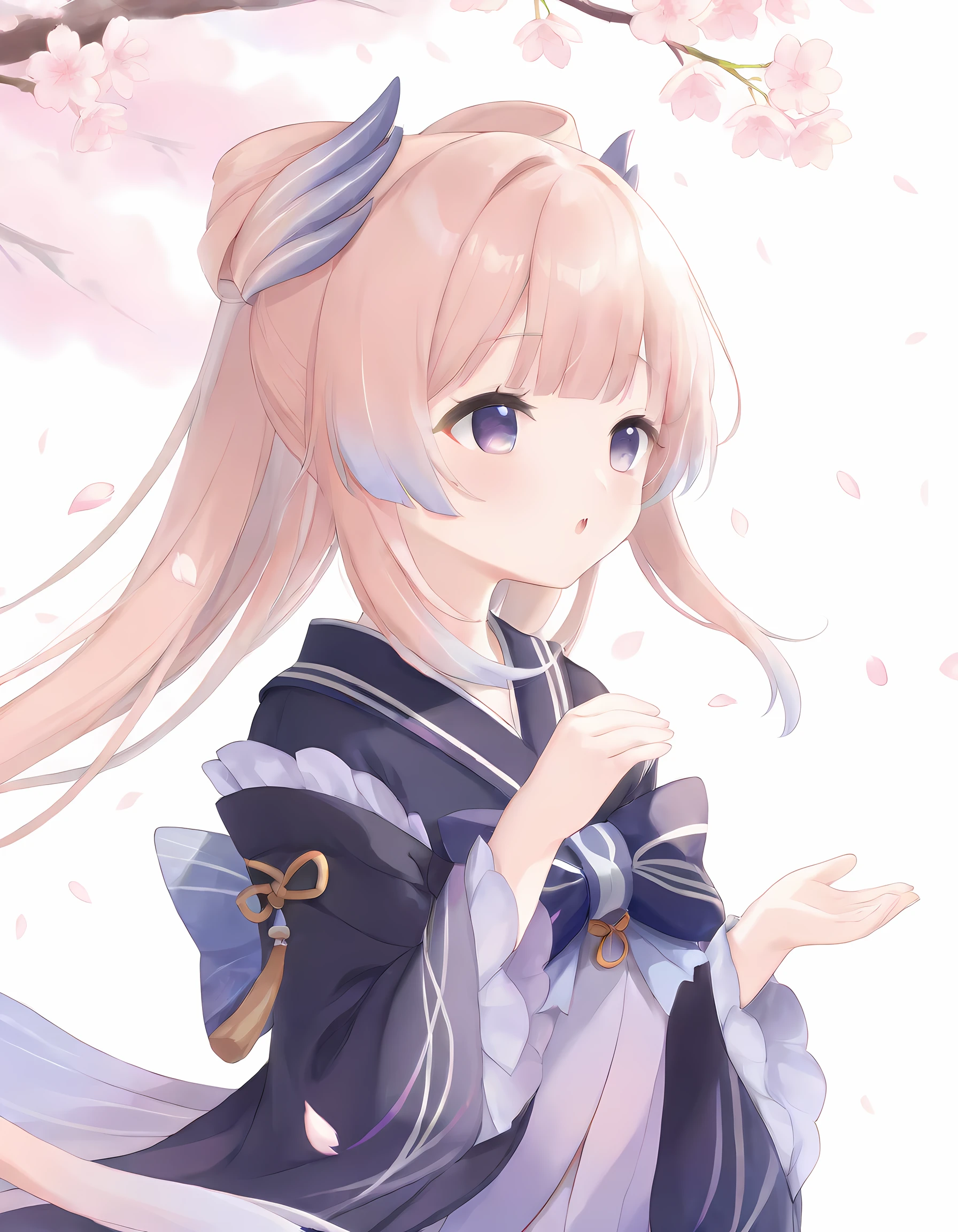 1girl, sangonomiya kokomi, genshin impact,    (illustration) (pastel:1.1),   (kawaii:1.2), , (cherry blossoms, fluttering petals, wind,white background:1.2)