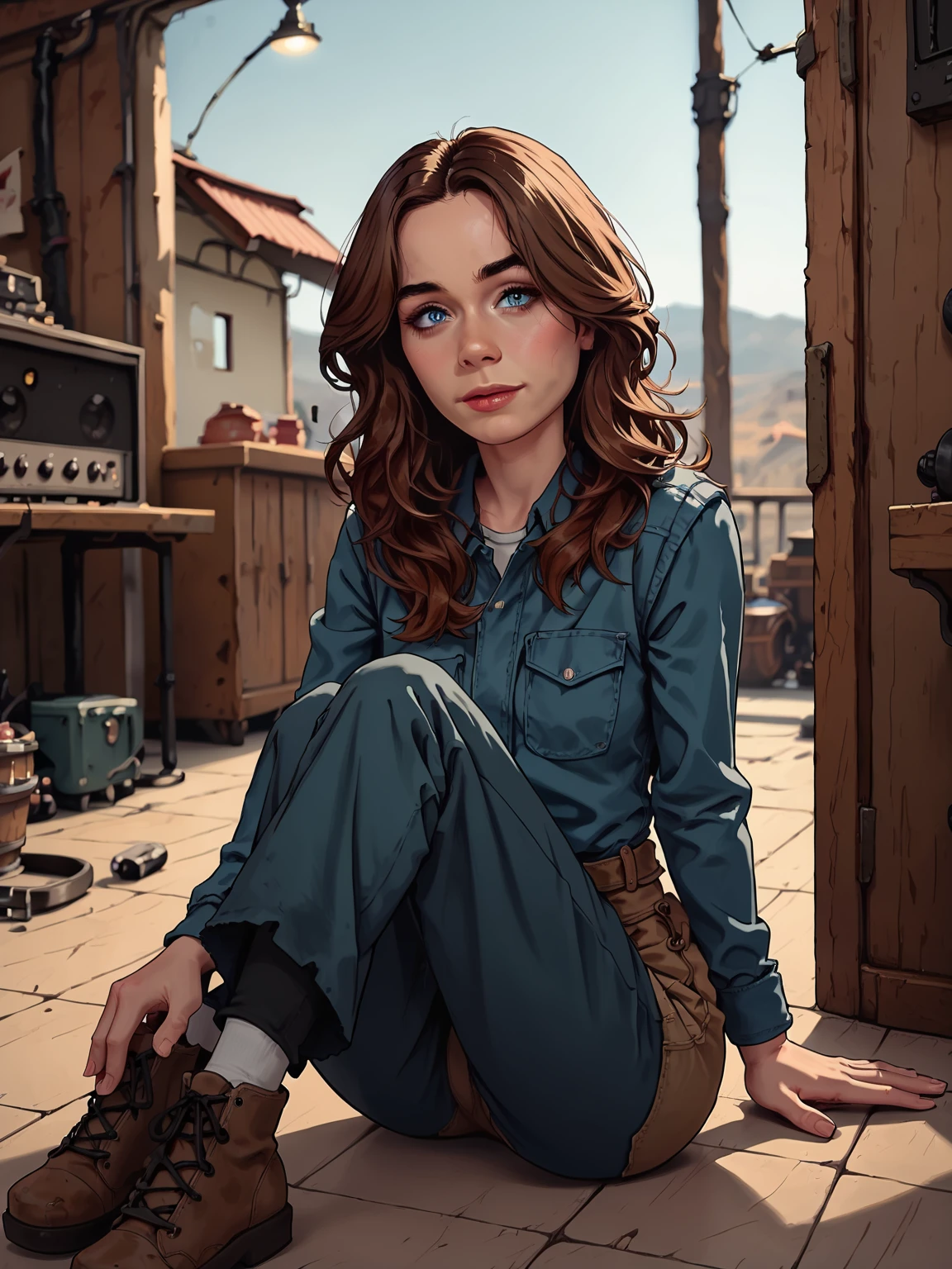 rating_safe, score_9, score_8_up, score_7_up, 1girl, solo, brown hair, blue eyes, <lora:Sarah_Desjardins_-_Pony:1> s_desjardins, __waifu/clothes/everyday/tops__, __waifu/clothes/everyday/bottoms__ , Sit on the floor with legs extended, leaning back on one hand while the other hand trails down the body., a forlorn wasteland, with endless stretches of dry, cracked terrain, the few remaining plants standing as silent witnesses to the desolation
