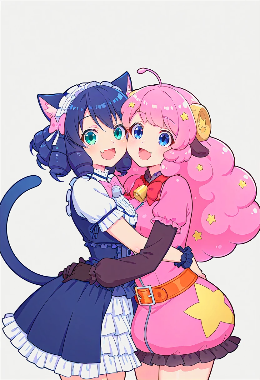 masterpiece, best quality, contorapposto, [photo background::0.5] BREAK 2girls, animal girl, sb69cyan, fesalive outfit, sb69moa, moa outfit, smile, open mouth, hug, hand on another's hip, hand on another's back, cheek-to-cheek, simple background, white background, head tilt, <lora:plasmagica_v2-000017:1>