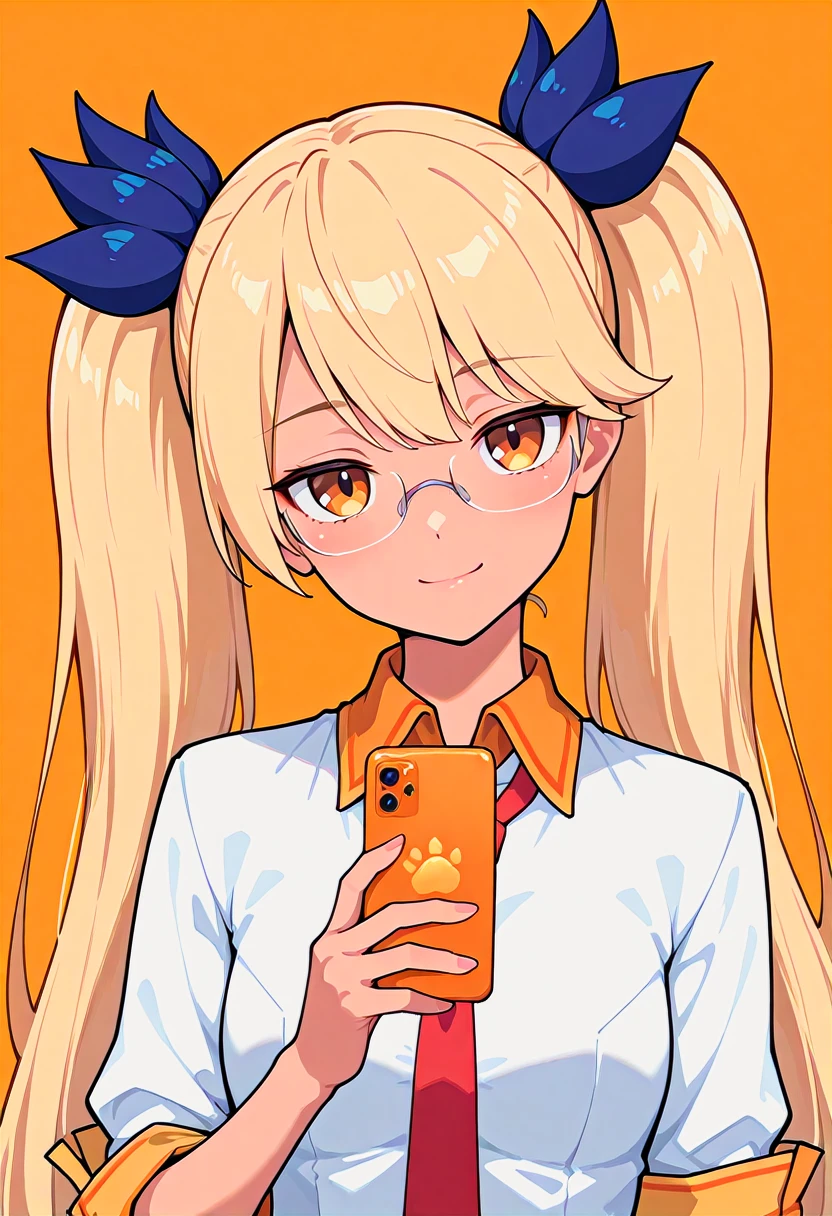 masterpiece, best quality, contorapposto, [photo background::0.5] BREAK 1girl, animal girl, sb69retoree, retoree outfit, smile, closed mouth, holding orange smartphone, upper body, simple background, light-orange background, head tilt, looking at viewer, <lora:plasmagica_v2-000017:1>
