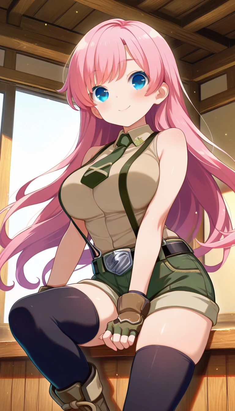 (masterpiece),best quality,amazing quality,very aesthetic,absurdres,newest,perfect body,shiny skin,perfect eyes,detail1eye,well-defined fingers,well-defined fingernails,anime style,indoors,1girl,solo,upper body,(portrait:1.5),looking at viewer,facing viewer,smile,blush,Qp Flapper style,Novice female,Novice female uniform,very long hair,pink hair,floating hair,bangs,blue eyes,collared shirt,sleeveless shirt,beige shirt,large breasts,dark green necktie,bare arms,fingerless gloves,black belt,suspender shorts,green shorts,short shorts,shorts rolled up,zettai ryouiki,black thighhighs,boots,<lora:TNT-Novice female(tnt)-Illus:1.6>,<lora:Qp Flapper[style]-Illus:1.6>,
