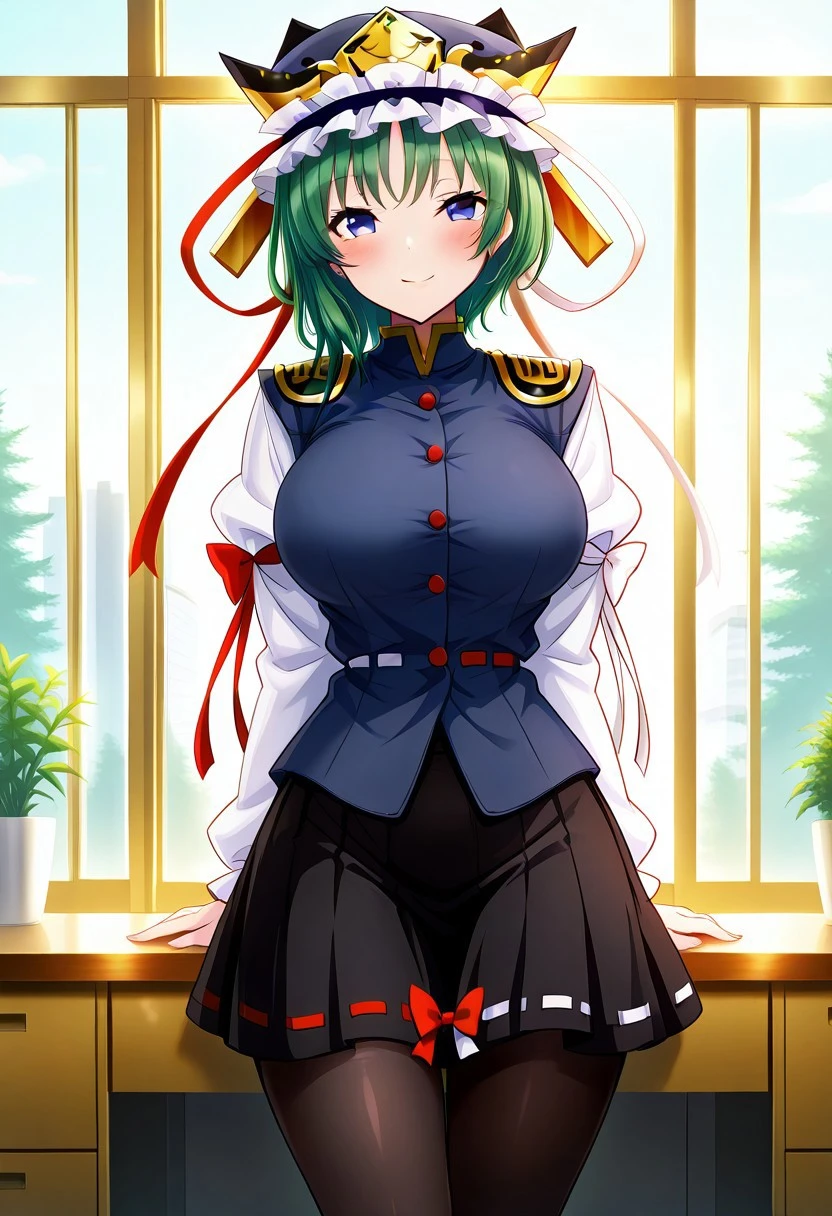 ((akehi yuki style)), ((work office)), ((window)), ((day time)), 1girl, solo, ((shiki eiki)), ((large breasts)), (smile), (standing), ((posing)), (blush), (legs), frilled hat, short hair, green hair, blue hat, blue eyes, blue vest, red, long sleeves, black skirt, white shirt, red ribbons, red buttons, center, looking at viewer, epaulettes, partically clothed, ((black pantyhose))
