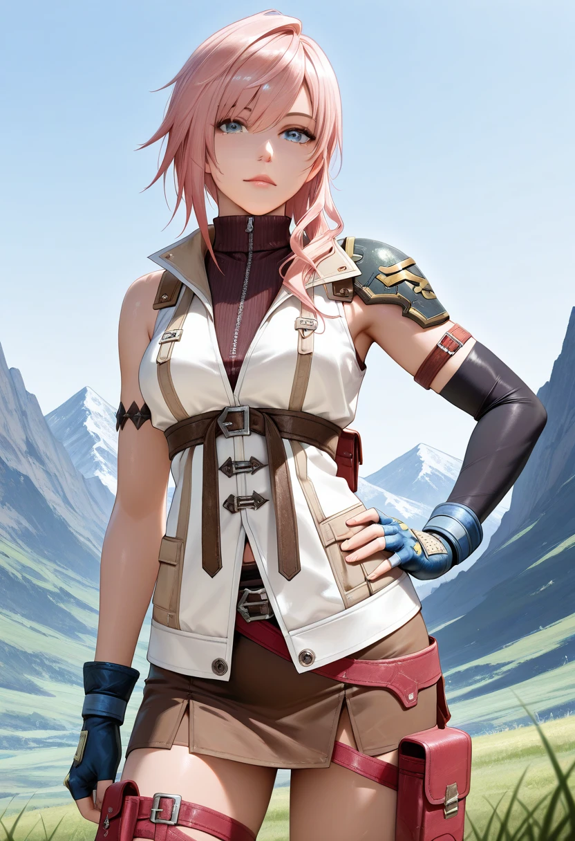 masterpiece, best quality, newest, absurdres, highres , <lora:LightningFFXIIIiLLUSTRIOUS:0.9>, LGHTFARN, pink hair, asymmetrical hair, hair over shoulder, blue eyes, sleeveless jacket, turtleneck, shoulder armor, brown skirt, asymmetrical sleeves, single black sleeve, armlet,fingerless gloves, thigh pouch, breasts, 1 girl, solo, sky, looking at viewer, hand on own hip, grass, mountain, close-up, lips