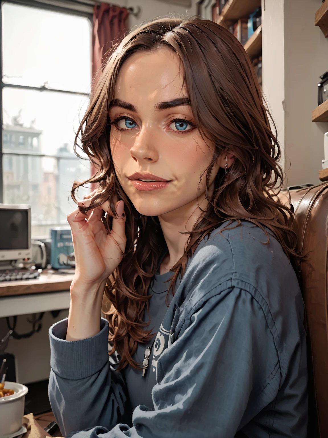 rating_safe, score_9, score_8_up, score_7_up, 1girl, solo, brown hair, blue eyes, <lora:Sarah_Desjardins_-_Pony:1> s_desjardins, t-shirt, sweater