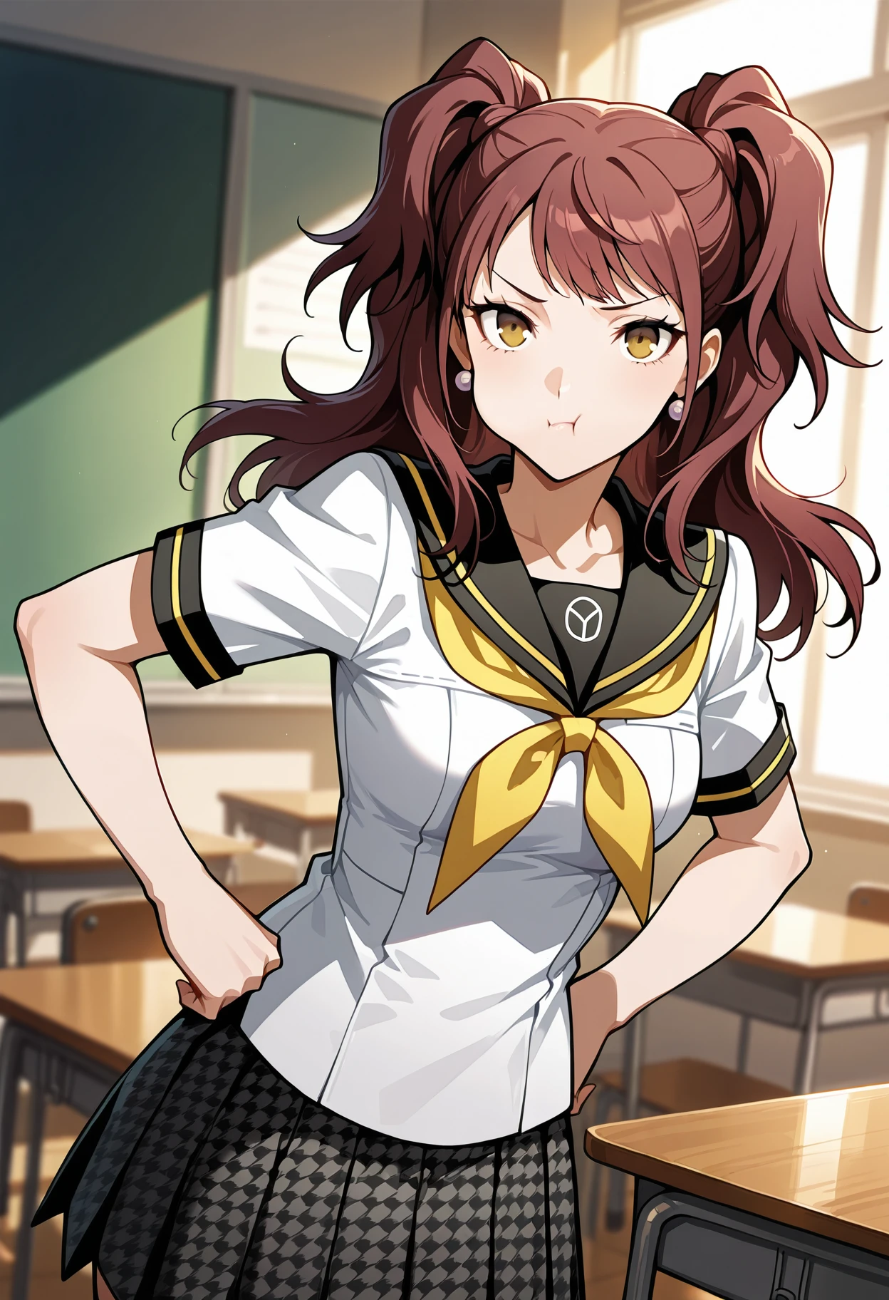 (masterwork, masterpiece, best quality, hyper-detailed),
1 girl, solo,
p4rise, kujikawa rise, twintails, long hair, brown hair, earrings
p4rise-sumuni, yasogami school uniform, serafuku, short sleeves, white shirt, skirt, pleated skirt, houndstooth,
classroom, standing, looking at viewer, hands on hips, pout, (puffy cheeks, cheek bulge:0.85),