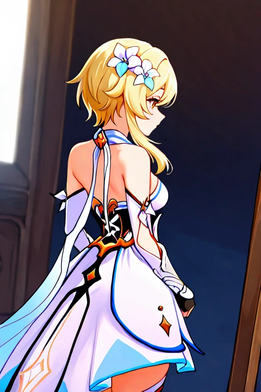 masterpiece, High quality, Ultra detailed, 2d, newest, absurdres, highres, BREAK
1girl, solo, <lora:lumine:0.8>, lumine_(genshin_impact), blonde hair, sidelocks, short hair with long locks, hair white flower, hair between eyes, yellow eyes, medium breasts, lumineDef, bare shoulders, white dress, cleavage, detached sleeves, black gloves, white footwear, boots, thigh boots,
from behind, cowboy shot,